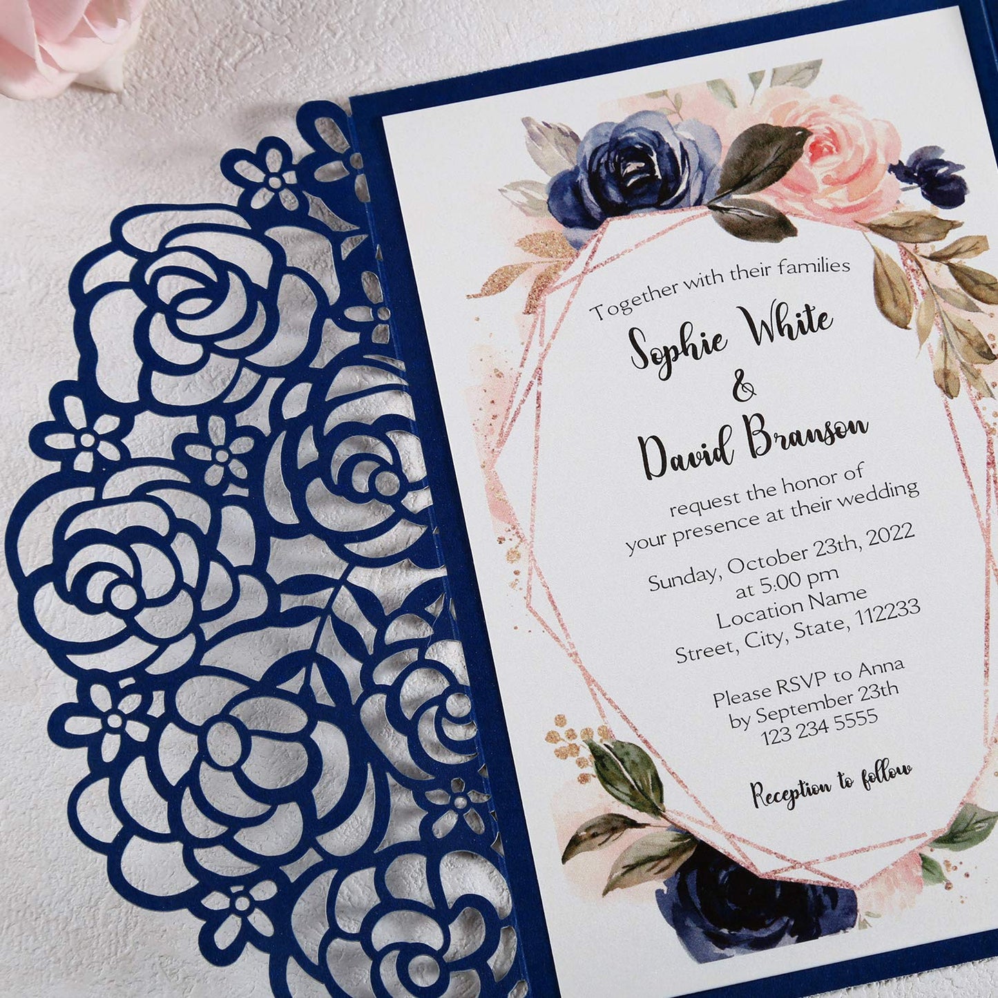 DreamBuilt 4.7 x7 inch 50PCS Blank Navy Blue Wedding Invitations Kit Laser Cut Hollow Rose Pocket Wedding Invitation Cards with Envelopes for Wedding Bridal Shower Engagement Invite