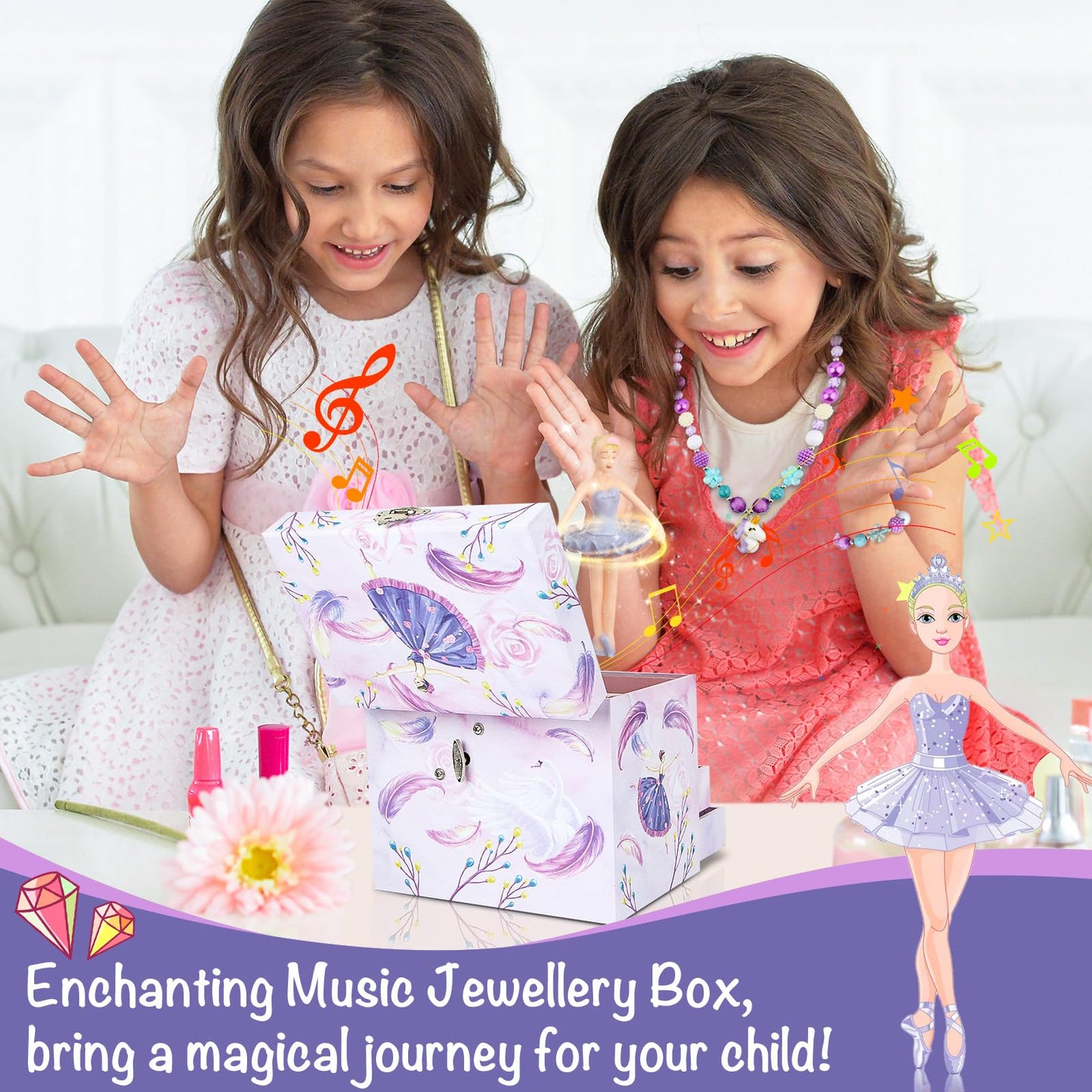 Homtibrm Musical Jewellery Box For Girls - Large Kids Jewellery Music Box with 2 Pullout Drawers & Unicorn Jewellery Set, Great Birthday Gifts for Girls Christmas Gifts (Pink Ballerina)