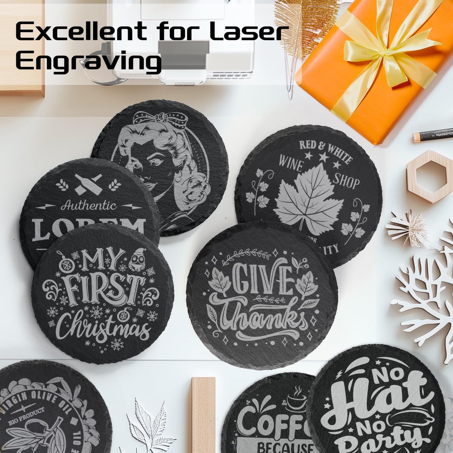 MAPRIAL 36 Pieces Slate Coasters, 4 Inch Round Coasters for Drinks Black Stone Coasters Bulk Rustic Coasters Set with Anti-Scratch Backing for Bar, Housewarming Gifts, DIY, Home Decor, Table, Cup