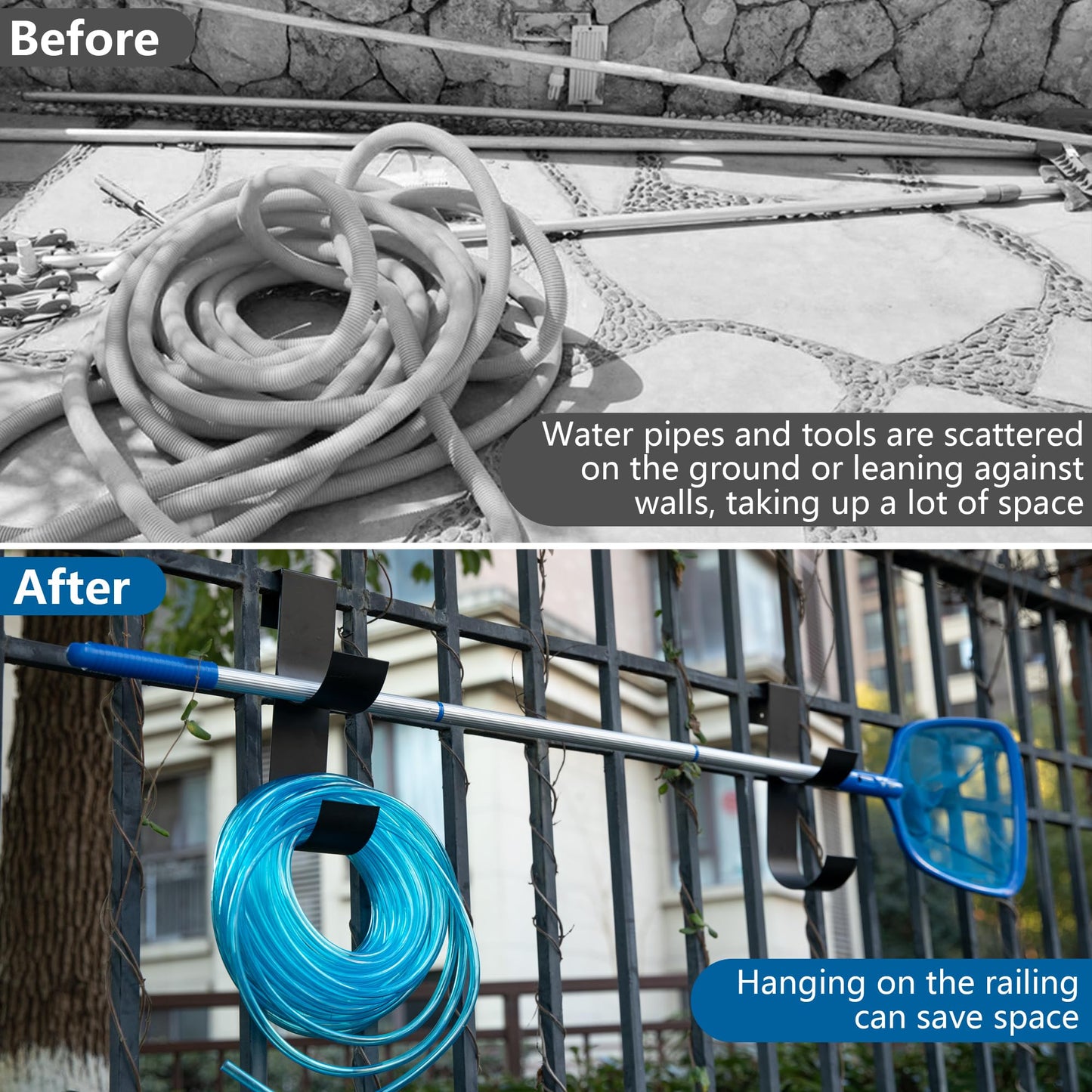 4 PCS Pool Fence Hooks for Pool Equipment- Black Heavy Duty Fence Hooks for Pool Poles- Slipe-on Fence Hanger for Pool Hose Pool Skimmer, Fit 3/4 Inch to 1-1/4 inch Railing