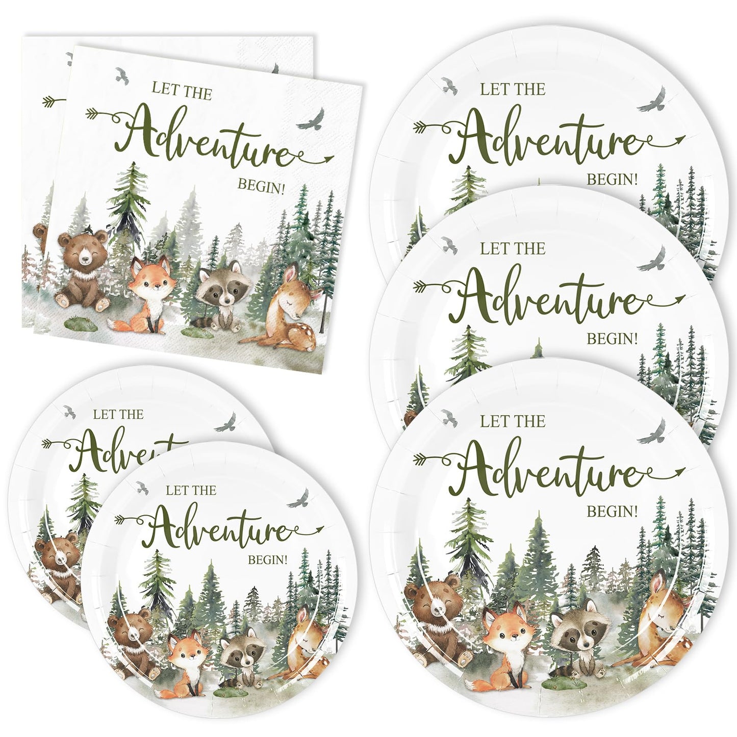 Whaline 72Pcs Adventure Awaits Party Supplies - Baby Shower Plates & Napkins - Woodland Animals Pattern - Disposable Tableware - 24 Guests - Paper Material - Casual Nature-Inspired Style