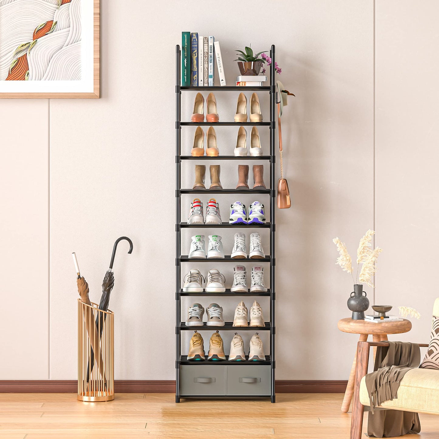 OYREL Tall Shoe Rack 10 Tier Narrow Shoes Rack 20 25 Pairs, Shoe Storage Shoe Organizer for Closet, Sturdy Metal Shoe Shelf with 2 Boxes 1 Hook