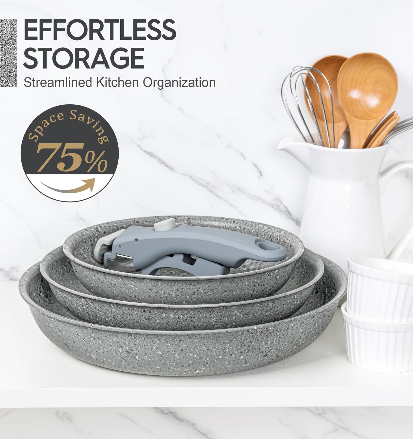 MICHELANGELO Nonstick Frying Pan Set, 8" 9.5" and 11" Fry Pans with Removable Handle, Ultra Non Stick Granite Coating Skillet, Induction Pans with Detachable Handle for Cooking & RV Camping, Gray