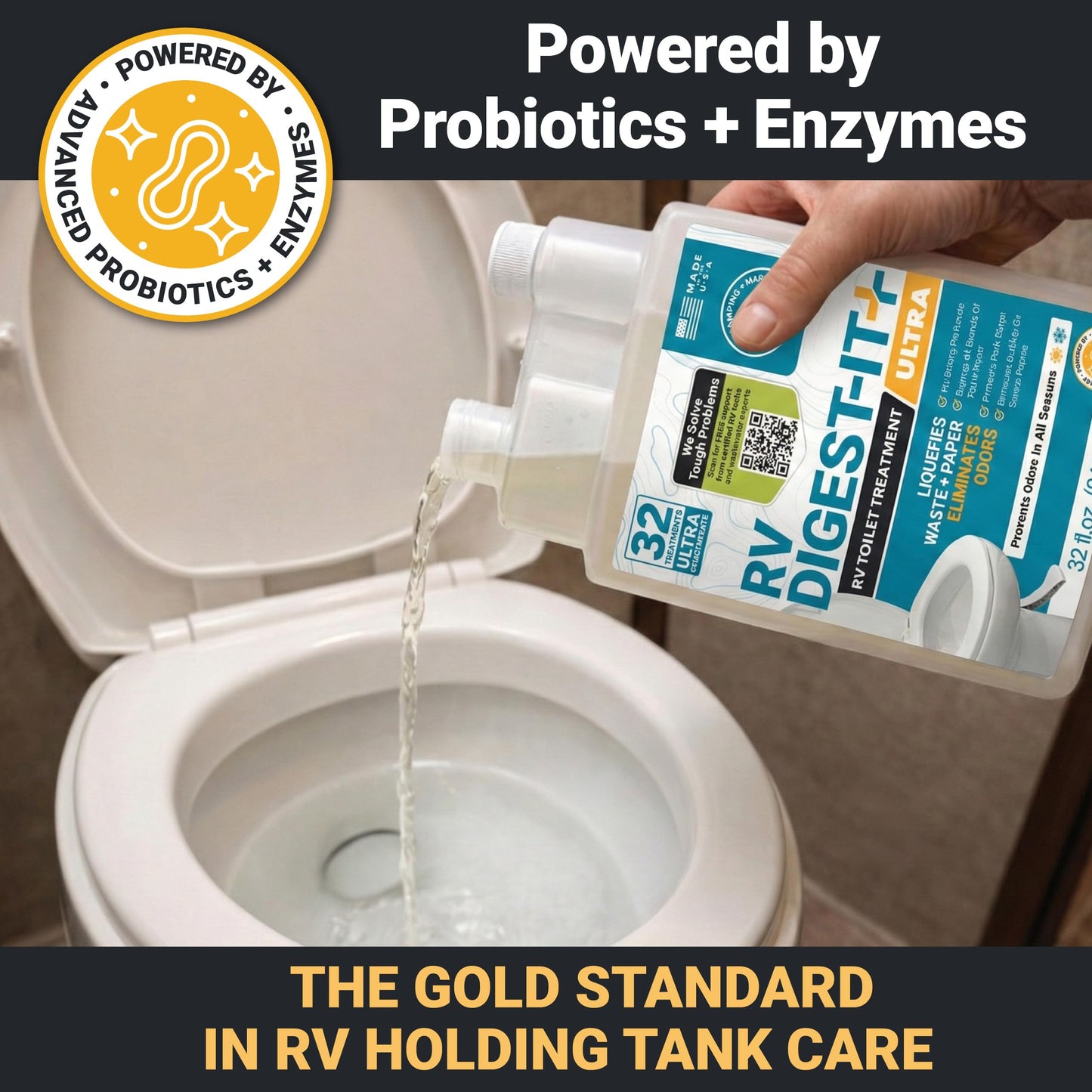 Unique RV Digest-It Ultra RV Toilet Treatment, 32 Uses, Super Concentrated, Eliminates Smells, Liquifies Waste, Easy-Measure Preventive Bio-Enzymatic Holding Tank Treatment, Package May Vary (32 oz)