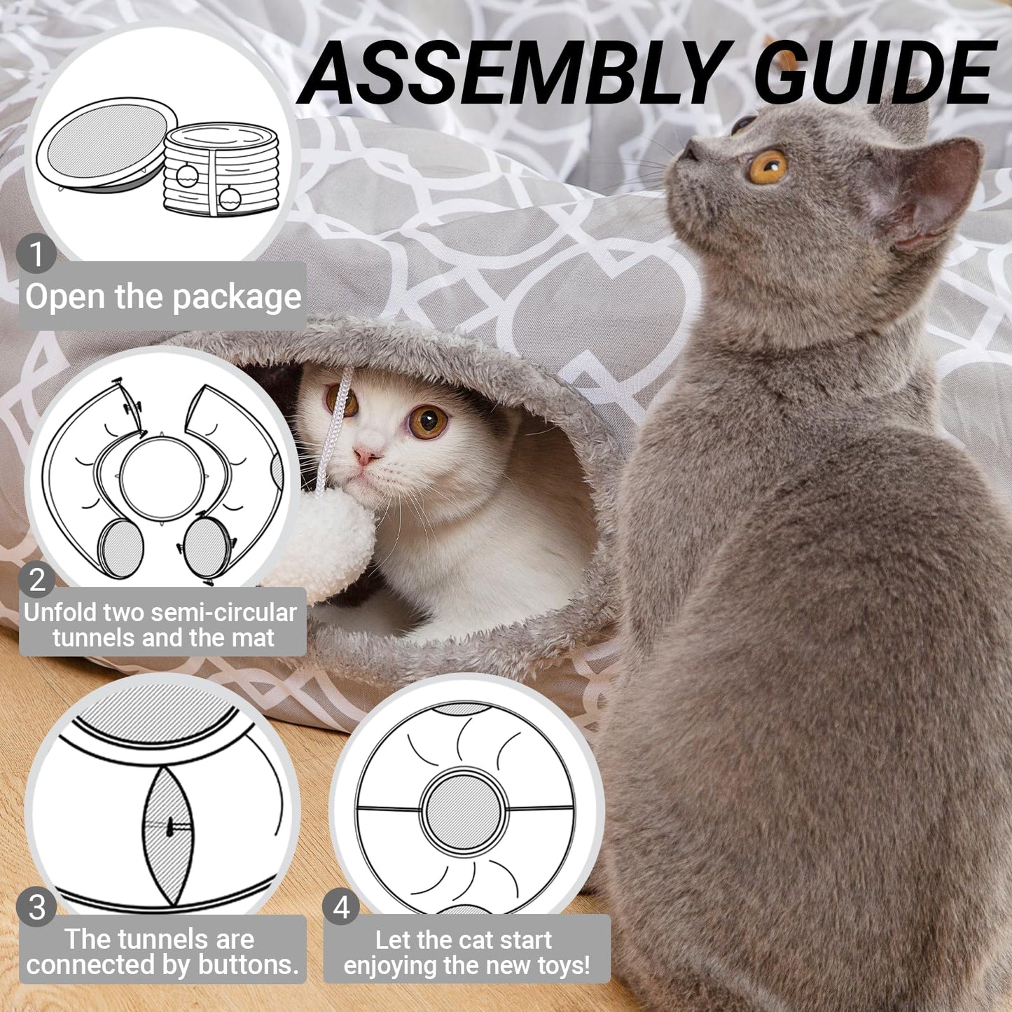 Cat Dog Tunnel Bed with Cushion Tube Toys Oxford Cloth Large Diameter Longer Crinkle Collapsible 3 Way for Cats Kittens Kitty Puppy Outdoor 6FT (Grey-White)