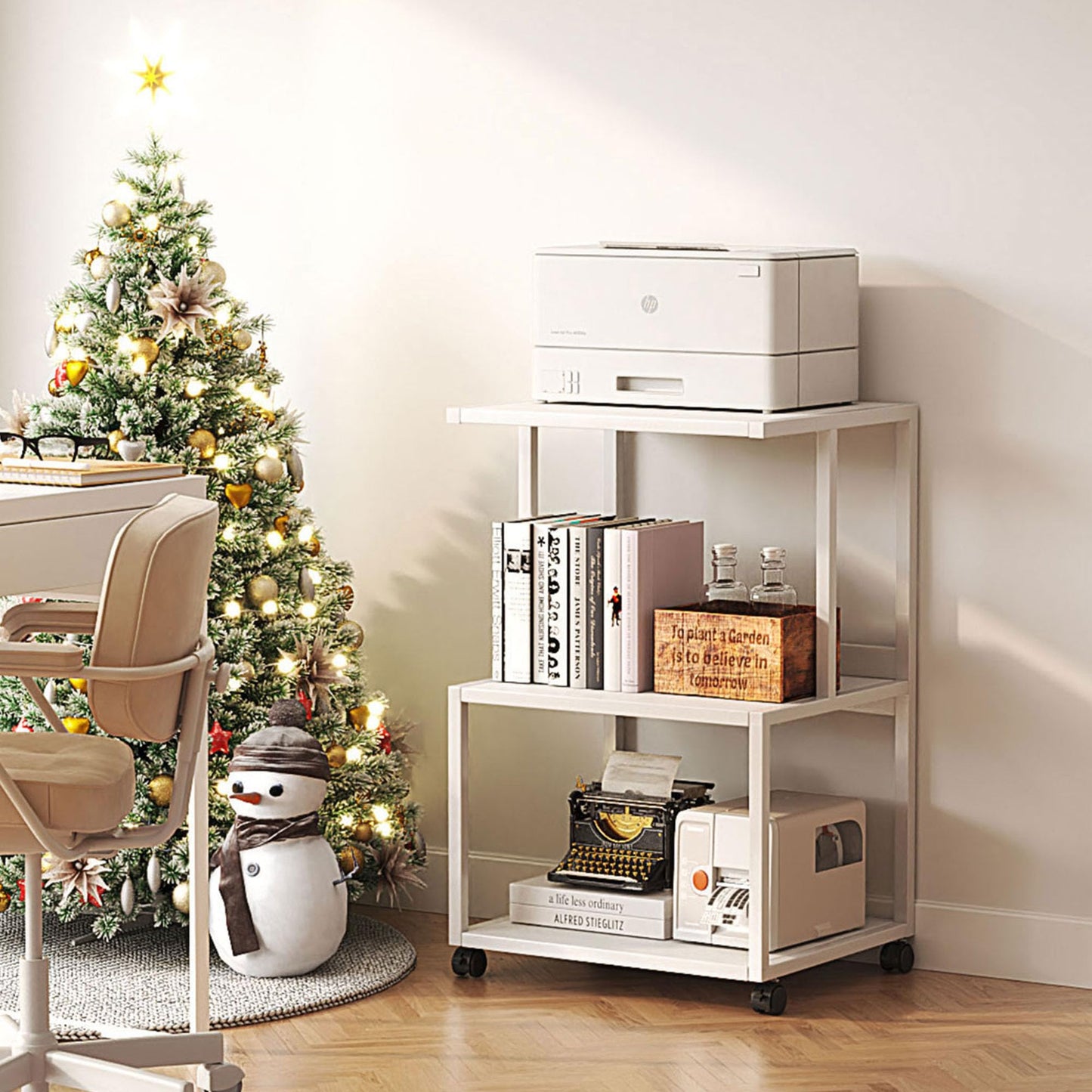 Vermess Printer Stand, Large 3 Tier Printer Table with Wheels, Industrial Printer Storage Cart, Rolling Printer Cart with Storage Shelf for Printer Scanner Fax Home Office Use, White