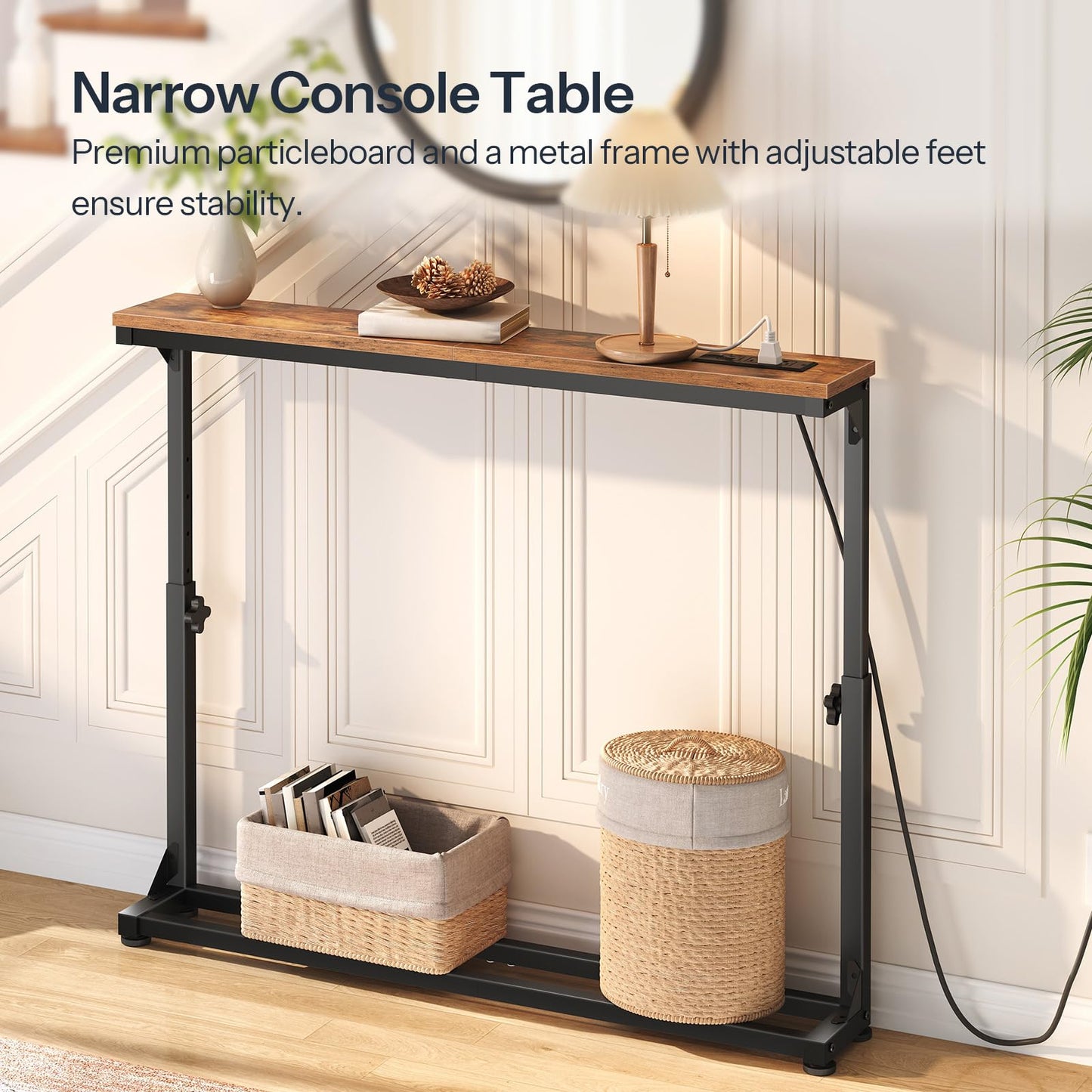 HOOBRO Narrow Console Table with Adjustable Height (25''-32.9''), Skinny Sofa Table with Charging Station, Behind Couch Table, 39.4" W x 5.9" D, for Living Room, Entryway, Rustic Brown BF95UXG01