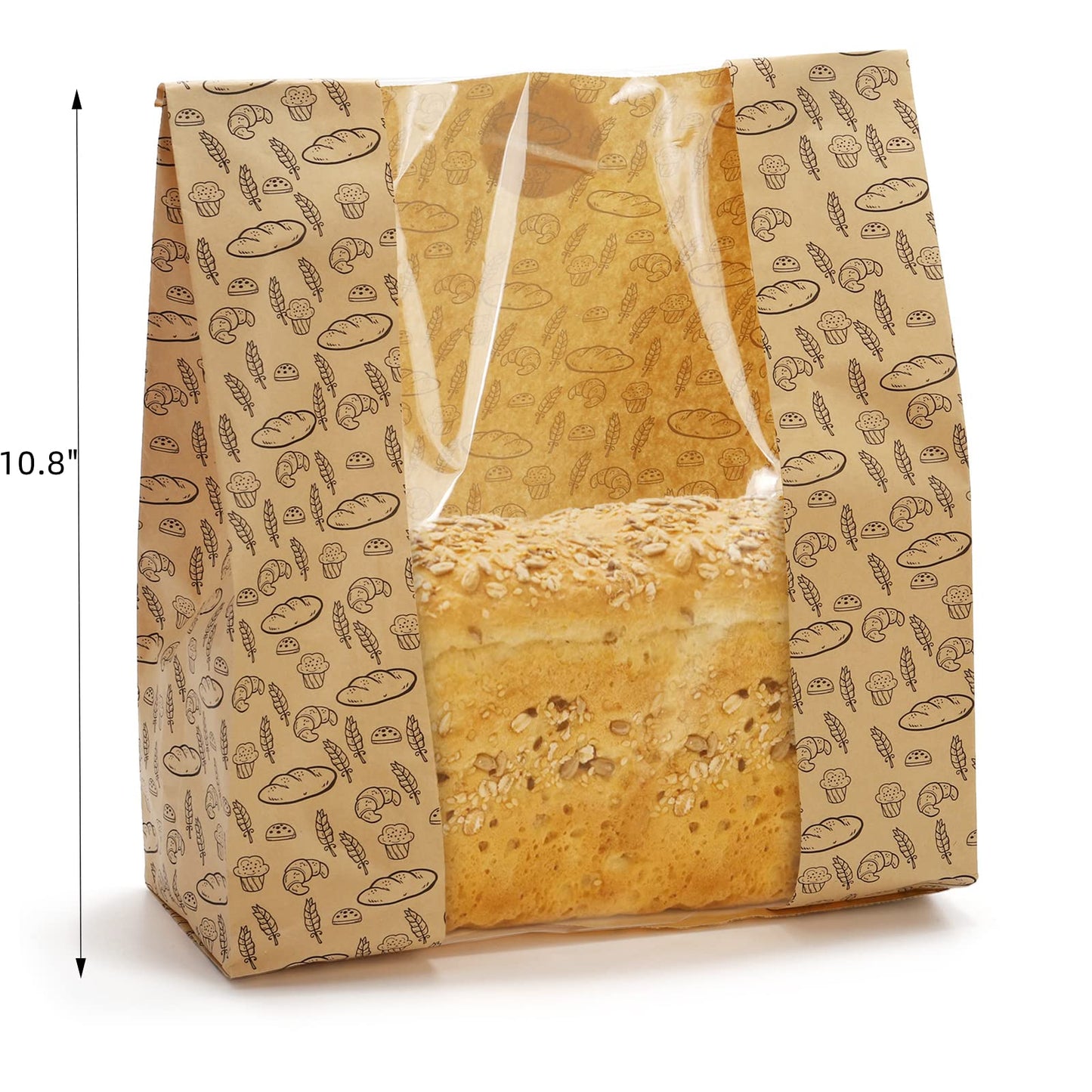 Hacaroa 100 Pack Paper Bread Bags with Clear Window, 10.8"x10"x4" Kraft Bakery Bags with 100 Stickers, Brown Toast Packaging Bags for Homemade Bread, Cookie