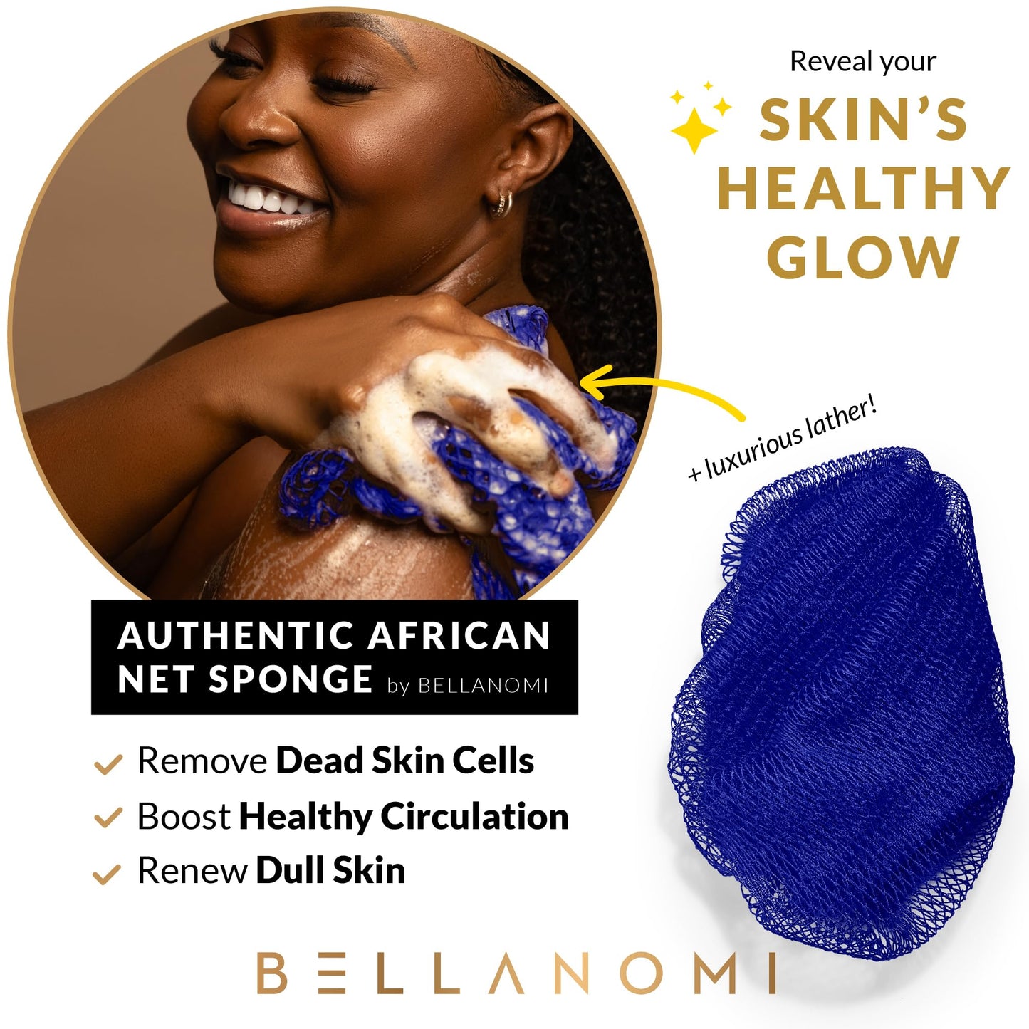 BELLANOMI 4 Piece African Exfoliating Net Sponge Long African Bath Sponge, Authentic Ethically Sourced from Nigeria, Great for Daily Use (Navy Blue, Baby Blue, Blush, Barbie Pink)