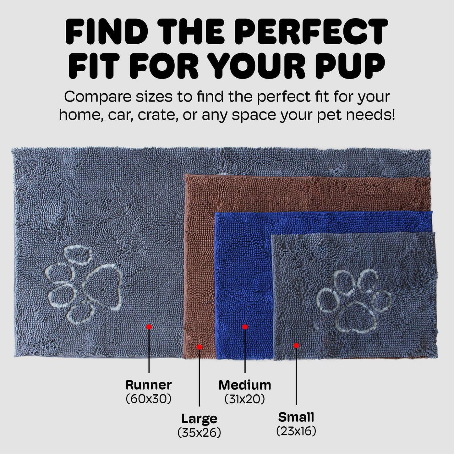 Dog Gone Smart Dirty Dog Doormat Cute Paw Print Ultra Water Absorbent Fast Drying Microfiber Small, Medium, Large and Runner Heavy Non-Skid/Slip Backing Machine Wash, Rain Snow Muddy Wet Shoes & Paws