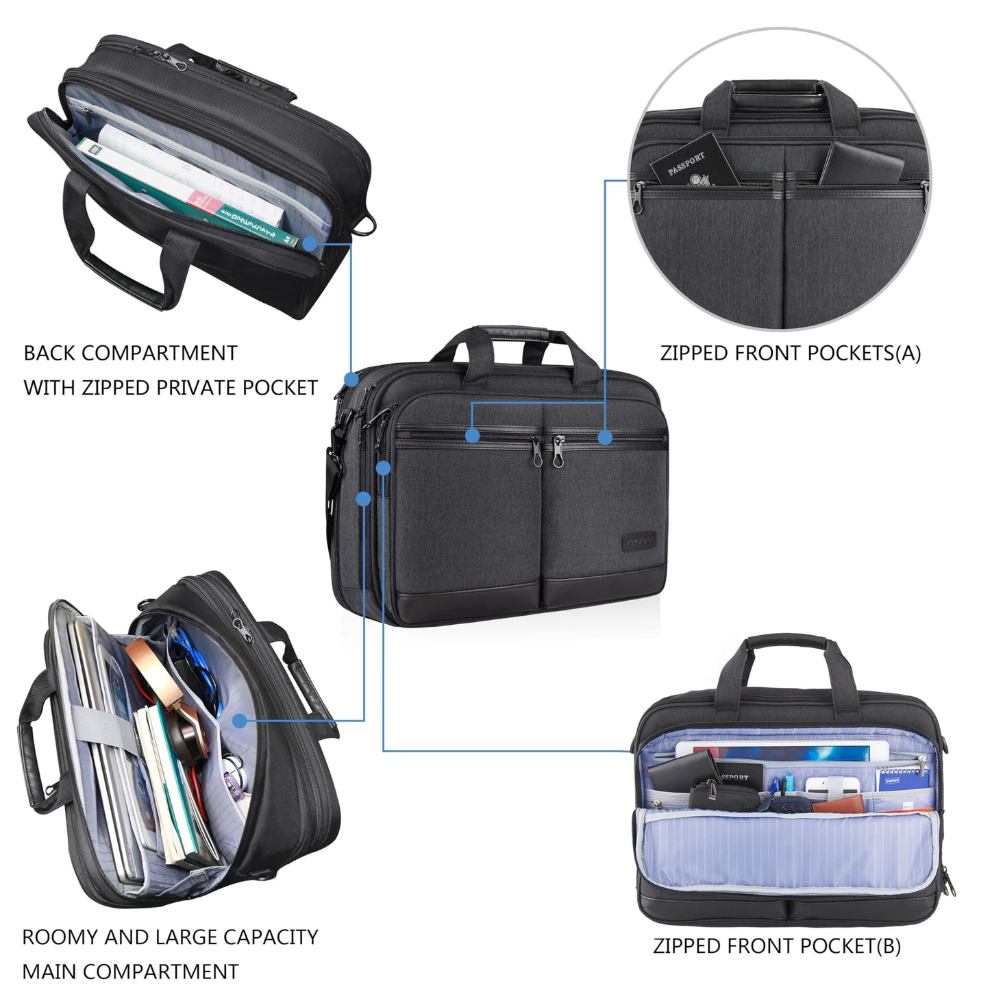 KROSER Laptop Bag Stylish Laptop Briefcase Fits Up to 17.3 Inch Expandable Water-Repellent Shoulder Messenger Bag Computer Bag with RFID Pockets for Business/Travel/School/College/Men/Women-Black