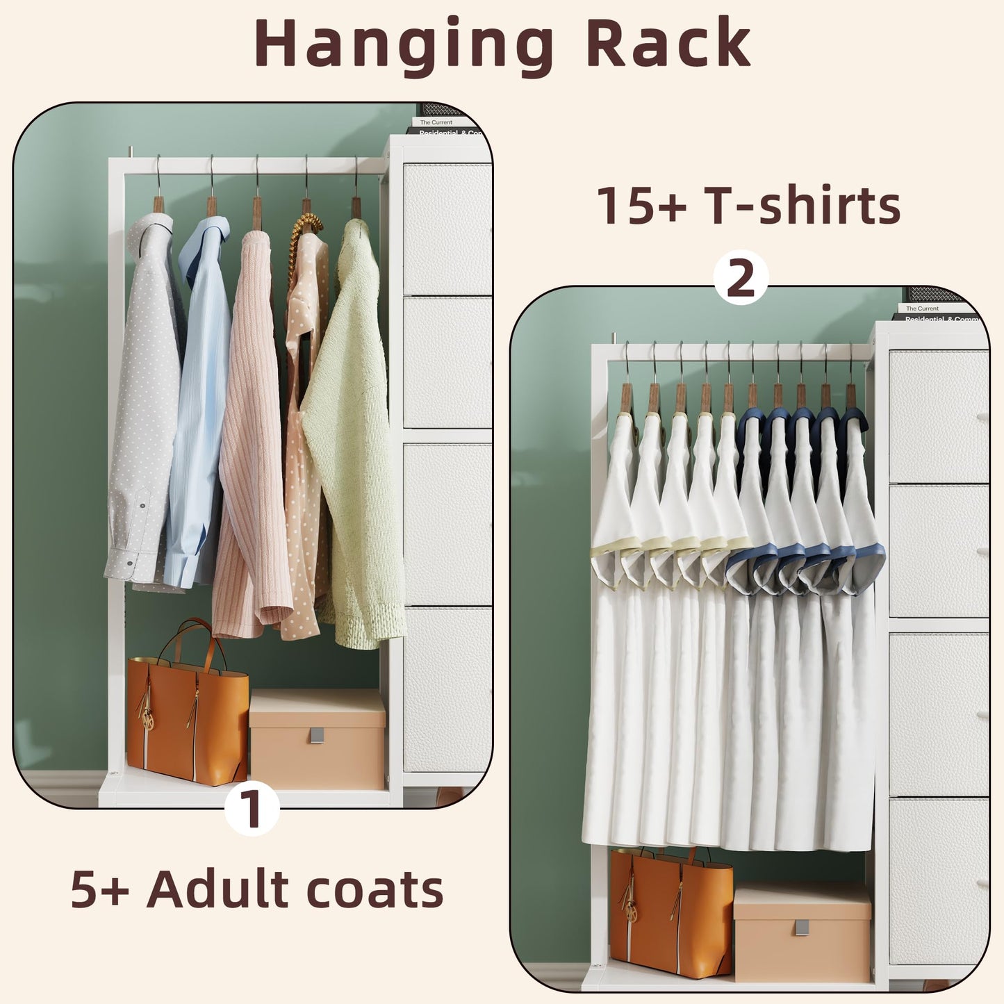 HIGDBFE Dresser with Hanging Rack, 4 Drawers Small Closet for Bedroom, Reversible Fabric Chest of Drawers with Clothes Rack, Tall Storage Tower, Sturdy Frame, White, 43.5''H