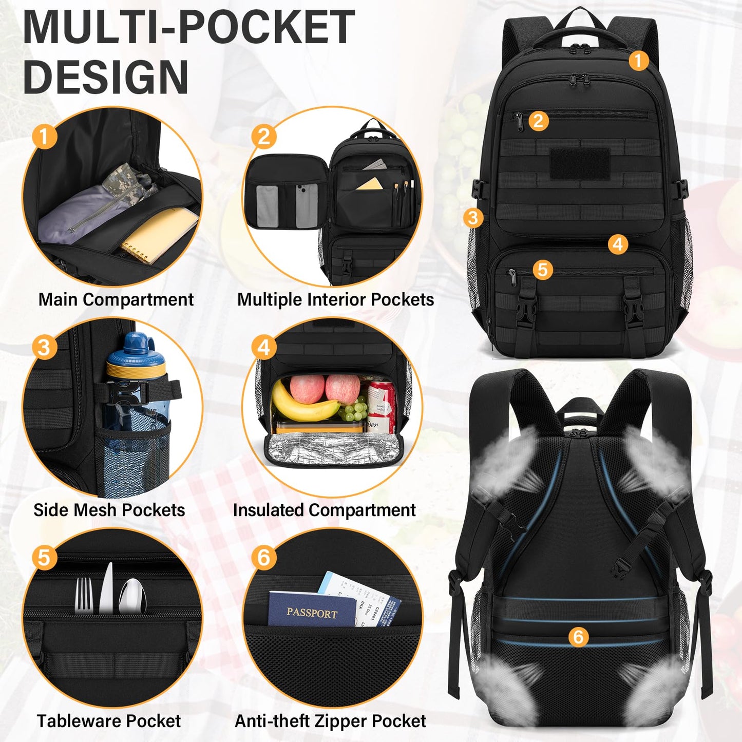 SDYSM Tactical Lunch Backpack for Men Women 17.3 Inch Laptop Backpack with USB Charging Port Military Work Backpack with Insulated Lunch Bag for Travel College Business, Black