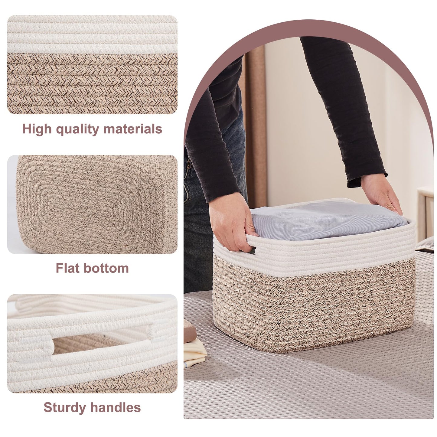 OIAHOMY 4 pack storage baskets with handle， baskets for organising, woven baskets for toys, towels, books, storage baskets for shelves, 13‘’Lx9‘’Wx7.8‘’H, Brown & White