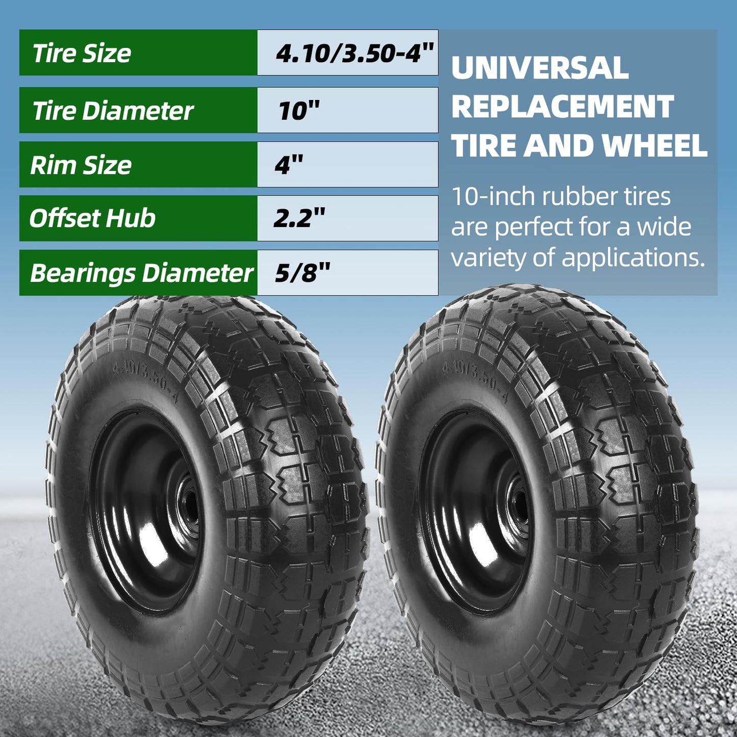 AR-PRO (2 Pack) 4.10/3.50-4 Flat Free Tire and Wheel, 10-Inches Solid Tires for Wheelbarrow, Dolly, Hand Truck, Wagon, Garden Cart, Generator Wheels Replacement - 5/8" Bearings, 2.2" Offset Hub