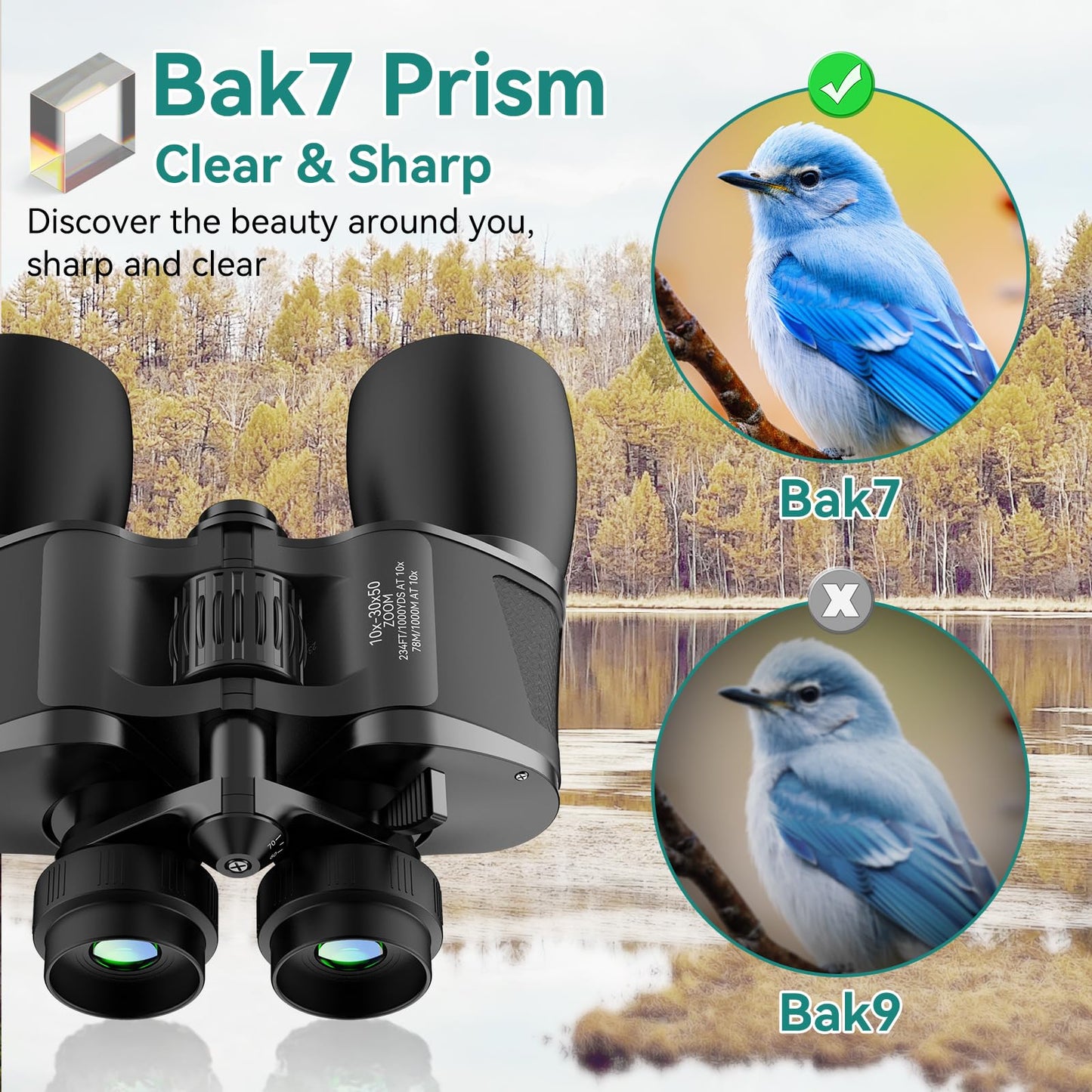 10-30X50 Zoom Binoculars for Adults, High Powered Military Binoculars for Bird Watching, Hunting, Outdoor, Hiking, Concerts Large View/Waterproof/BAK7 Prism/FMC Lens/Low Light Night Vision