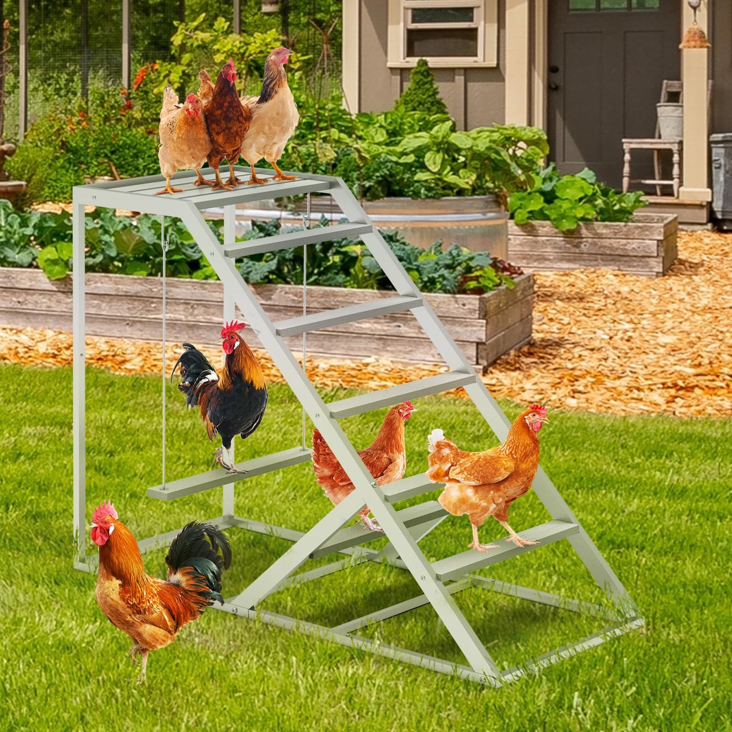 Chicken Coop Perches with Swing, Roosting Bars, Chicken Run Accessories Toy, Wooden Ladder for Pet's Healthy & Happy, Sturdy and Easy to Clean, Suitable for Backyard Farm (Half Sides)