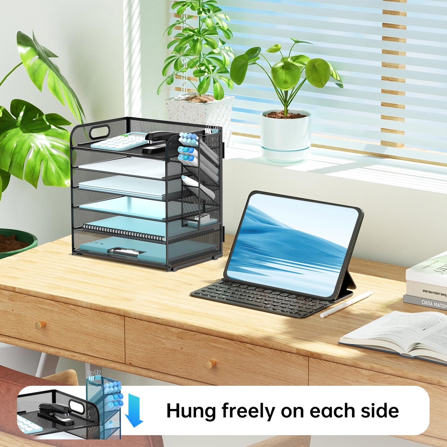 SUPEASY 6 Tier Paper Organizer with 4 Pen Holders, Mesh Letter Tray with Handle, Paper Tray Organizer for A4 Files, Black