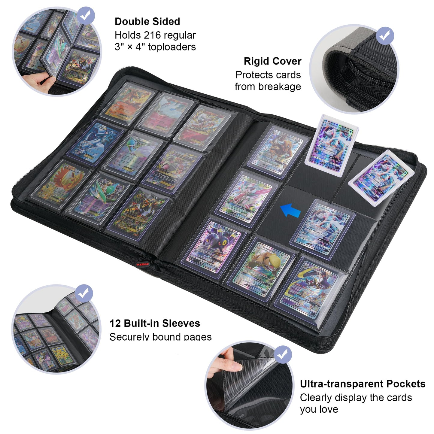 PREZA Toploader Binder - Holds 216 Top Loaders - 9 Pocket Top Loader Binders - Trading Card Binder for Toploaders - Top Loader Binder Card Storage Box (Black)