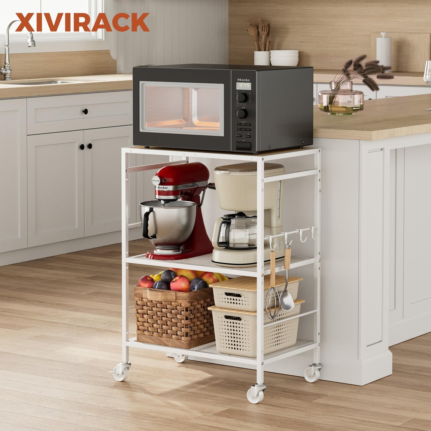 XIVIRACK 3-Tier Kitchen Cart with Adjustable Shelves - Microwave Storage Cart & Utility Rolling Organizer, Industrial Wheels for Small Spaces, 15.7"x23.6"x33.7" Kitchen Office Living Room Metal Rack
