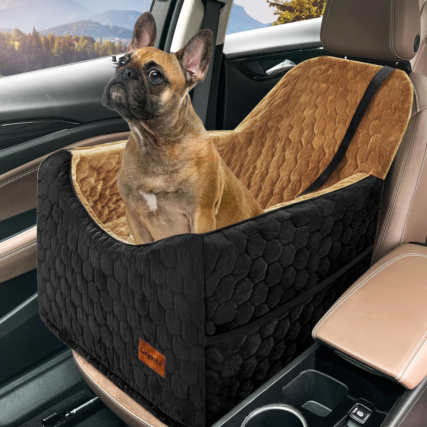 Dog Car Seat for Small/Medium Dogs, Memory Foam Dog Booster Seat, Elevated Pet Car Seat for Dogs up to 35 lbs, Travel Safety Car Seat with Washable Removable Cover, Storage Pockets (BlackBrown)