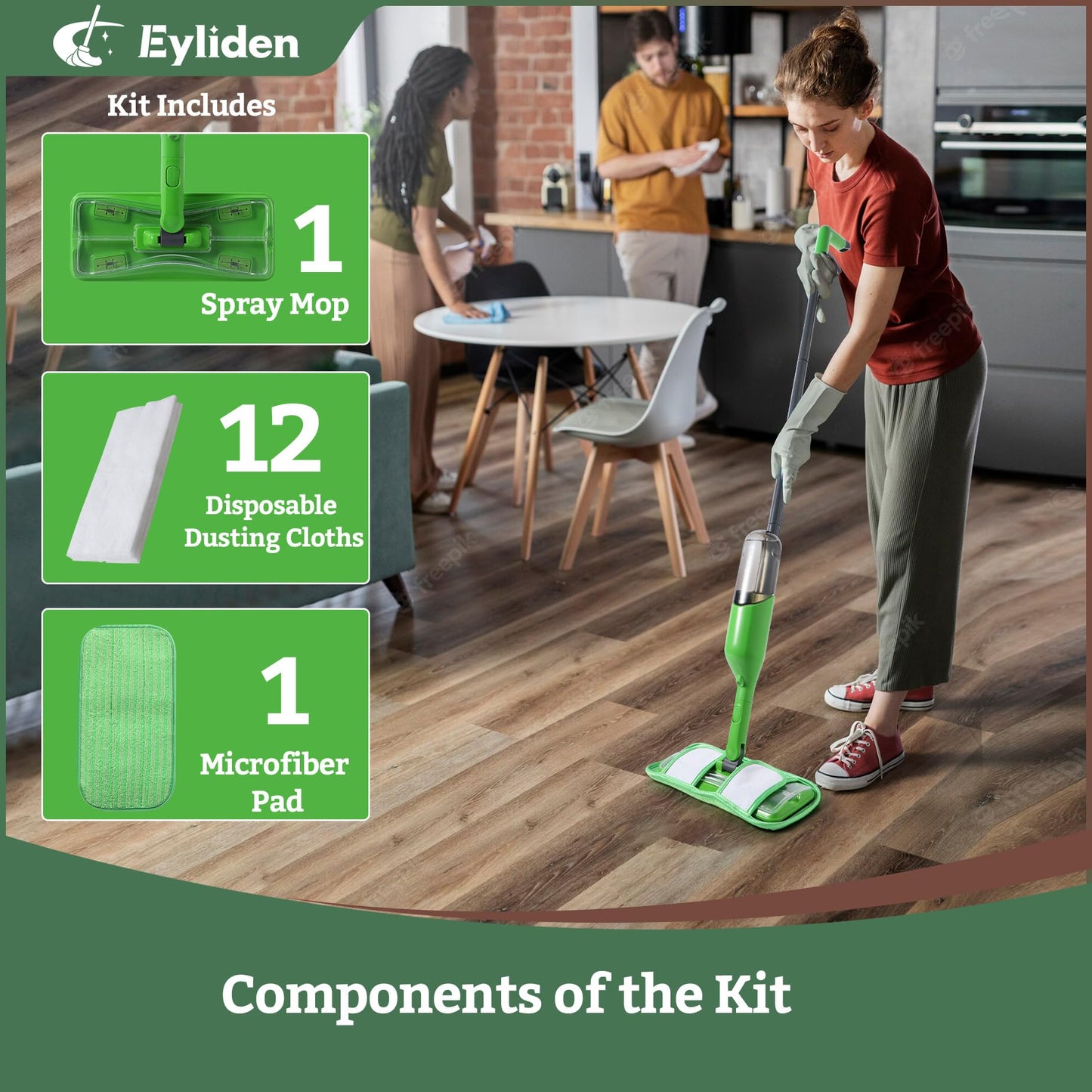 Eyliden Spray Mop for Small Spaces - 360° Swivel Mop with 12 Disposable Cloths, 1 Reusable Pad, 13oz Refillable Bottle | Perfect for Apartments, Dorms & Compact Living
