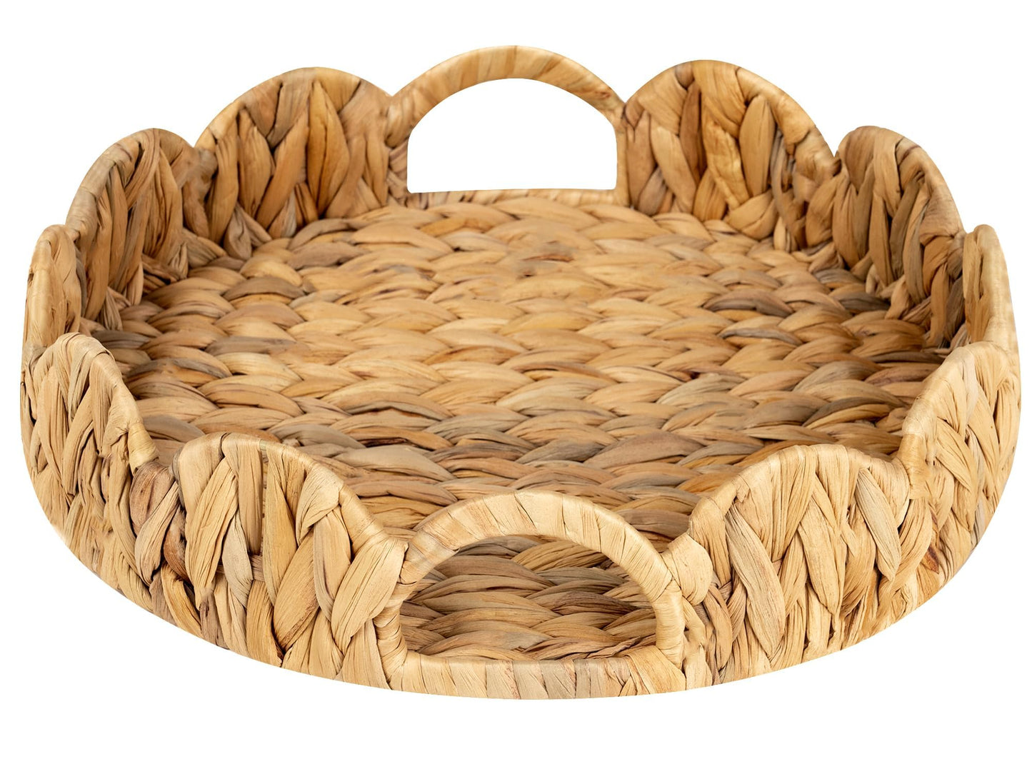 StorageWorks Scalloped Tray, Round Basket Tray Wicker Rattan Serving Tray with Handles, Scallop Basket Table Décor Trays, Water Hyacinth