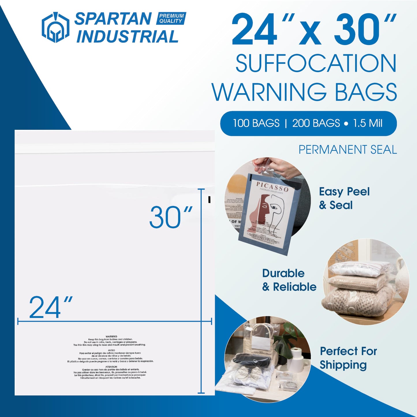 Spartan Industrial - 24" X 30" (100 Count) Self-Seal Clear Poly Bags With Suffocation Warning for Packaging, Shipping, Decor - Permanent Adhesive