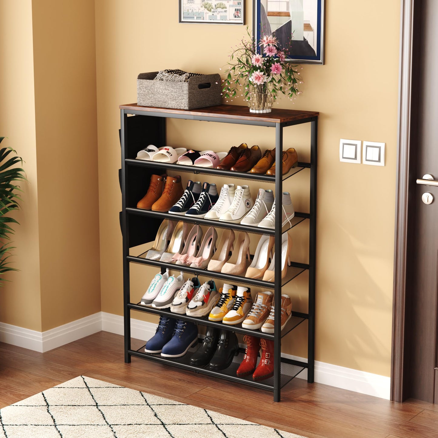 HOMEFORT Shoe Rack for Entryway,30" Metal 6 Tiers Shoe Shelf, Shoe Closet with Adjustable Mesh Shelves, Shoe Storage Organizer for 18-24 Pairs, Industrial Boot Stand with Side Pocket, Rustic Brown