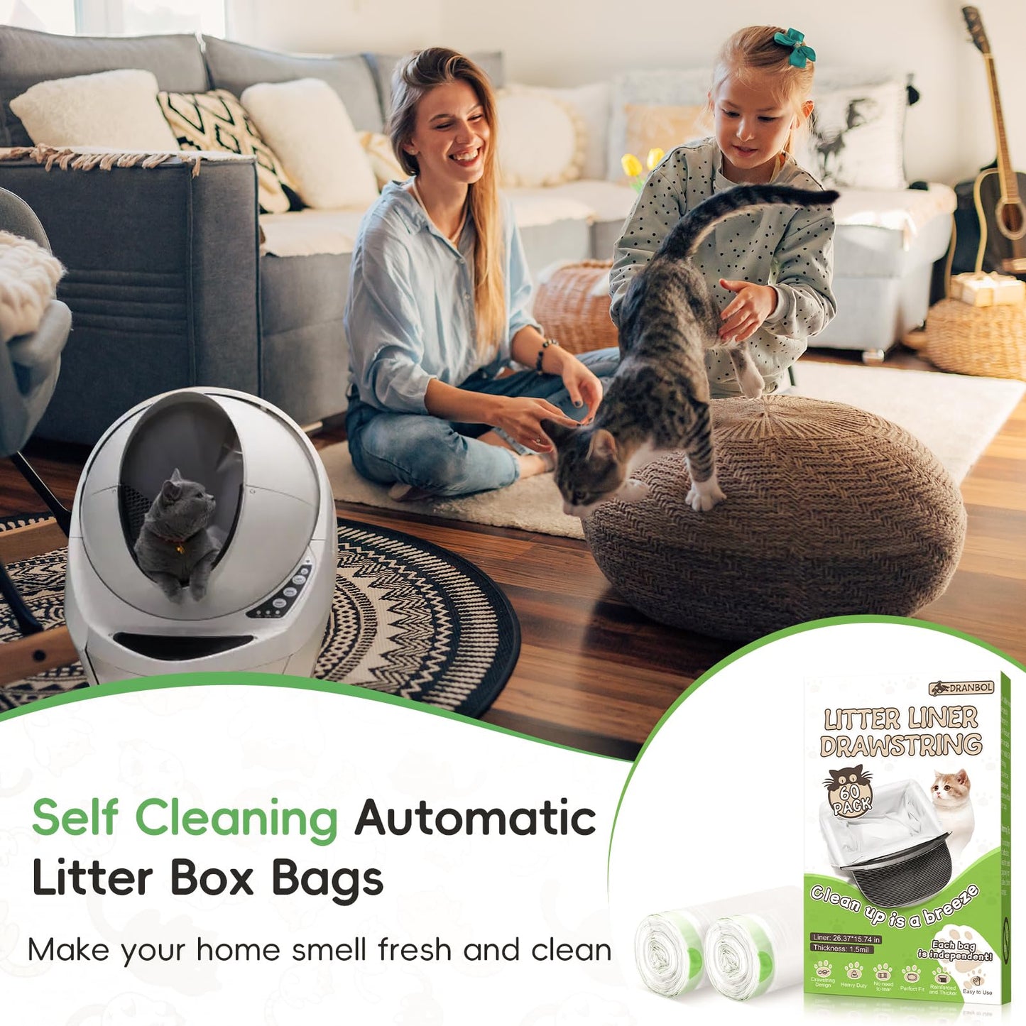 Dranbol Litter Box Liners, 120 Count Jumbo Cat Litter Bags, Easy Clean Up Thick Large Kitty Litter Liners for Litter Box, Drawstring Cat Litter Box Liner Bags for Litter Box Robot 4 and 3