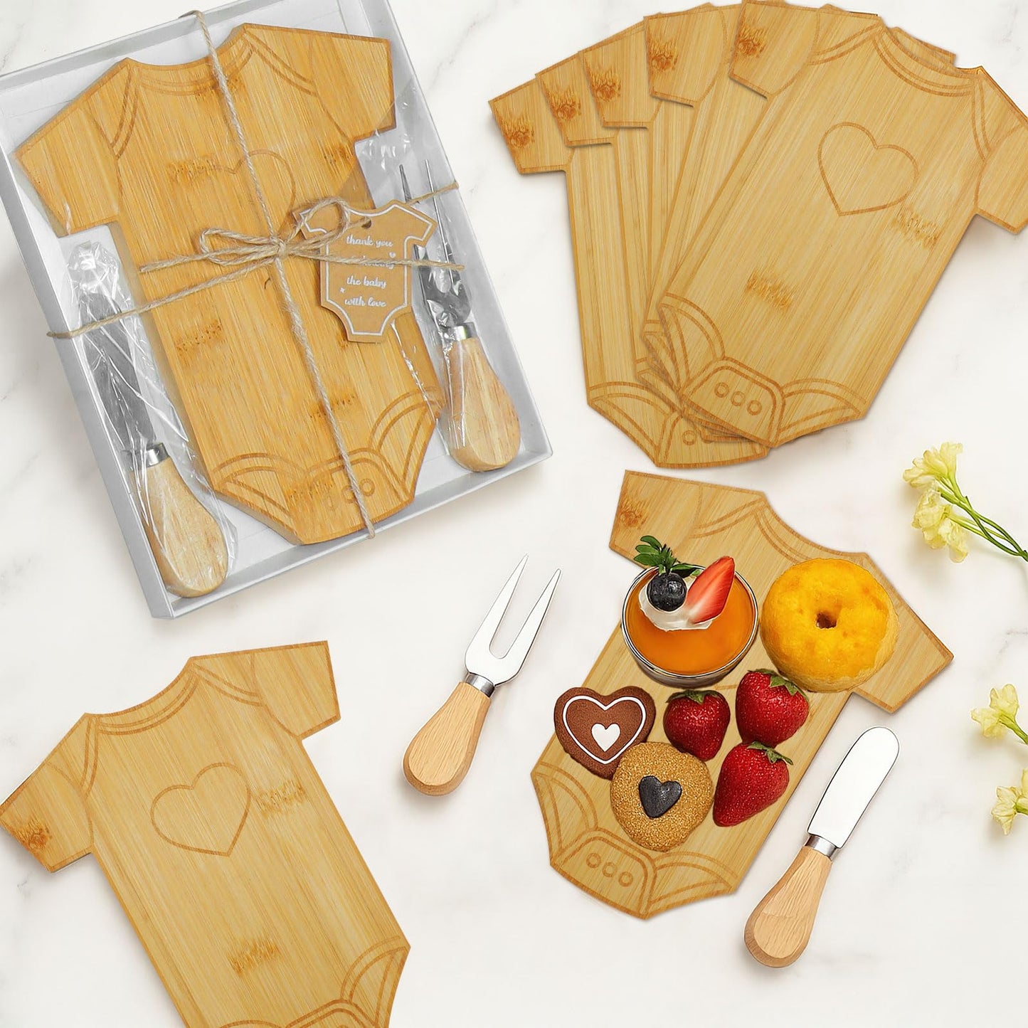 12 Set Baby Shower Favors, Clothing Shaped Charcuterie Boards with Butter Knife Fork Stickers Box, Baby Clothes Cutting Board Party Favors for Birthday Wedding Baby Shower Gifts