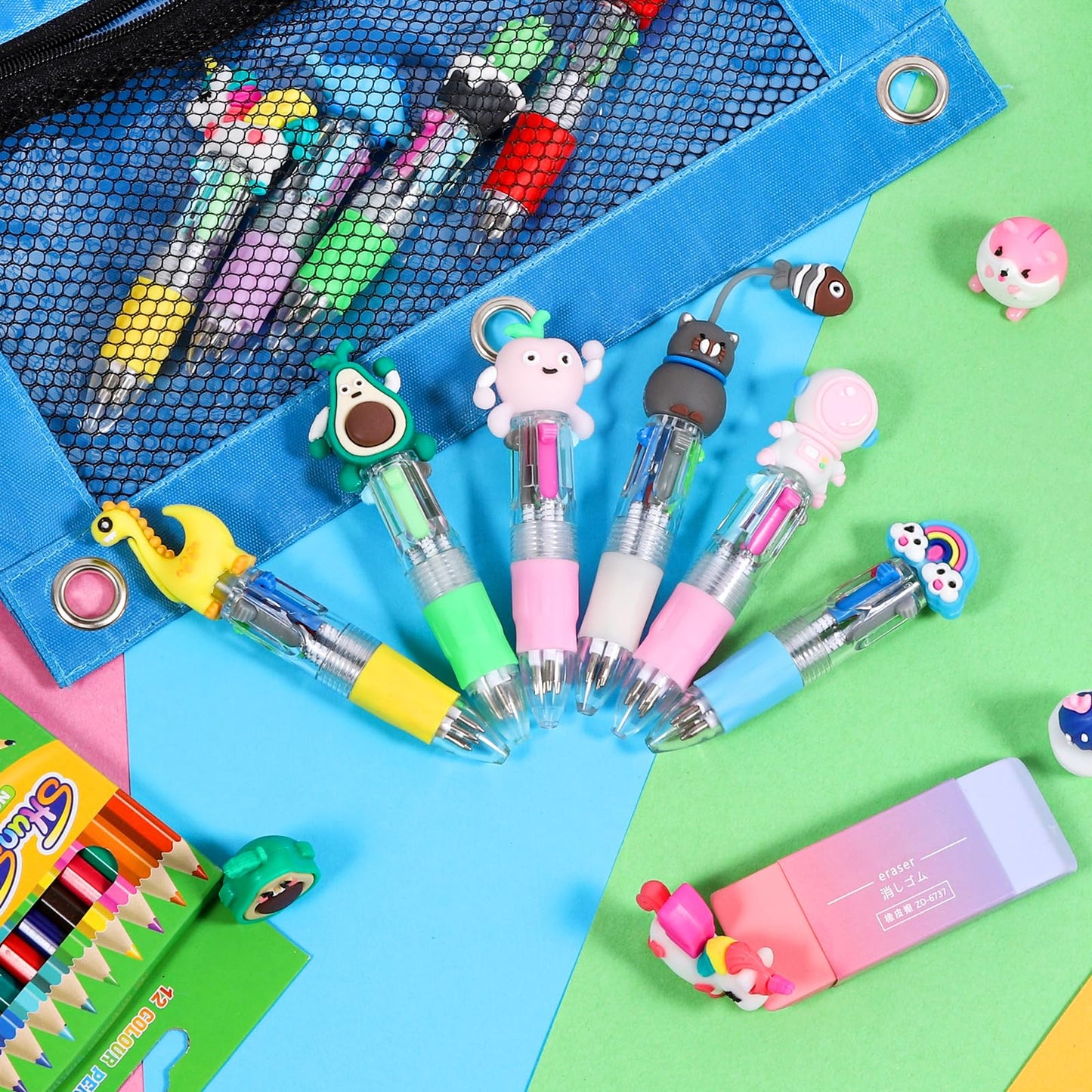 JOLLYFUN 60PCS Mini 4-in-1 Multicolor Retractable Ballpoint Pens - Cute Cartoon Pen Set with Blue Red Black Green Ink - School Supplies, Classroom Prizes, Kids Party Favors, Year End Gifts