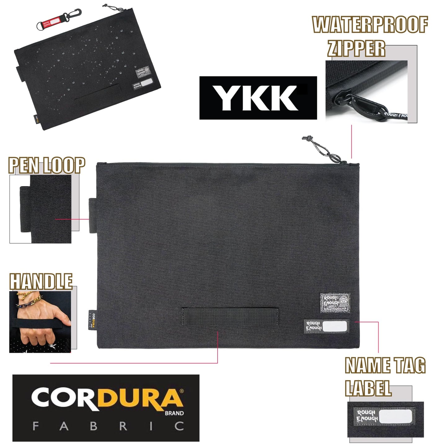 Rough Enough Big Document File Folder Organizer Holder Bag Pouch A4 Paper Letter Manila Size Case Large Carry Legal Notebook Storage for Filing with Zipper Handle Pen Loop Waterproof Black