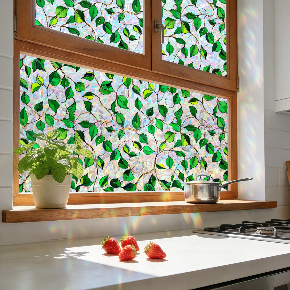 NINETREX Window Privacy Film with Installation Tools, No Glue Stained Glass Static Cling Window Tint 3D Decorative Frosted Leaf Pattern for Door and Home Decor 60 X 200cm