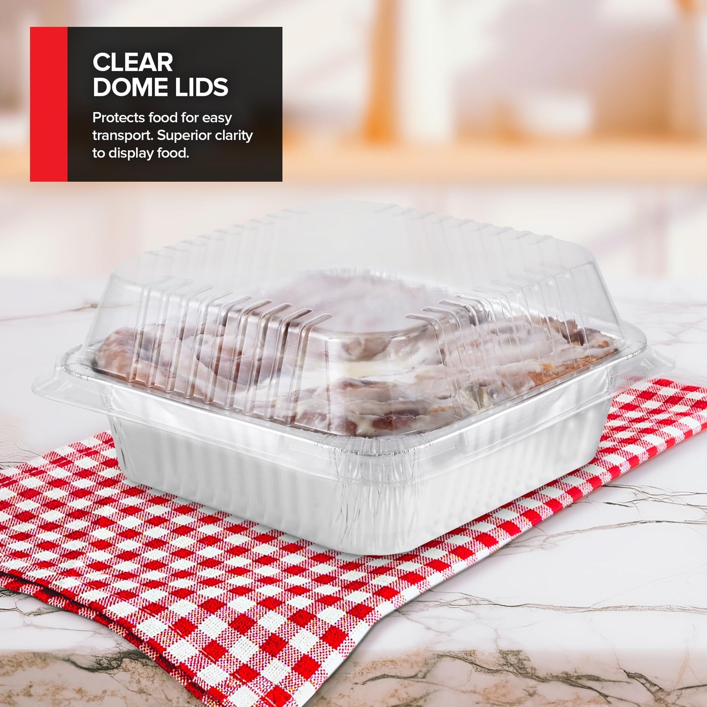 Stock Your Home (50 Pack) 8x8 Disposable Baking Pans with Lids, Heavy Duty Square Aluminum Cake Pan with Lid, Foil Trays with Clear Plastic Cover, Food Take Out Container for Baked Goods