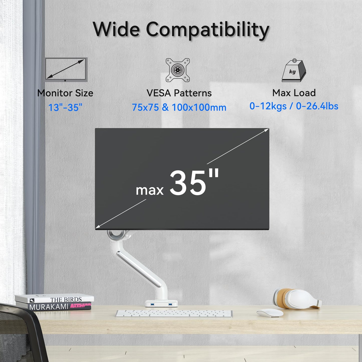 SHOPPINGALL Heavy Duty Monitor Mount for 13 to 35 inch VESA Compatible Screen, Pneumatic Gas Spring Arm Supports up to 26.5lbs - SA-GE61U-White