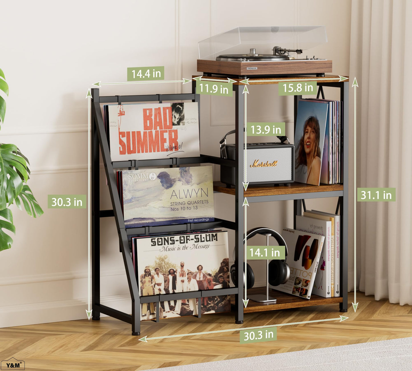 Y&M Record Player Stand with Vinyl Storage, Vinyl Record Shelf Holds Up to 200 Albums, 3-Tier Turntable Stand Table, Record Display Shelf for Album CD, End Table for Bedroom, Living Room