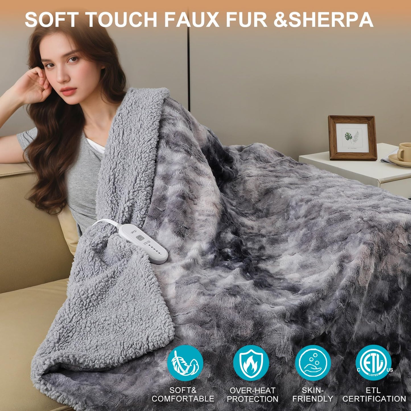 Electric Throw Blanket,50"x 60" Reversible Faux Fur Heated Blanket Throw,5 Heating Levels & 4Hrs Auto Off,Over-Heat Protection Heating Blanket, Machine Washable,Grey