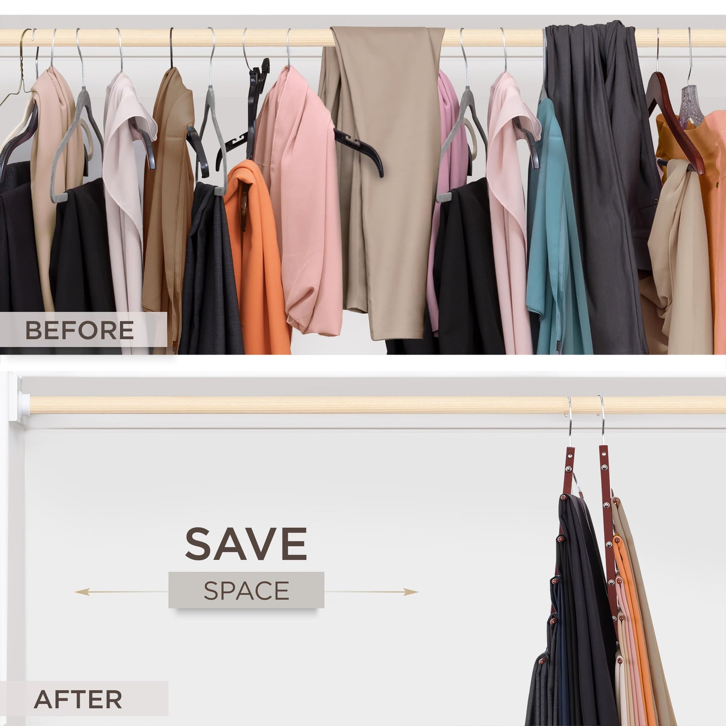 MORALVE Pants Hangers Space Saving – 2 Pack European Beechwood Hanger for Jeans, Scarves, Leggings – Closet Organizer and Space Saver Pant Rack, Leggings Hanger, and Scarf Holder with 360° Swivel Hook
