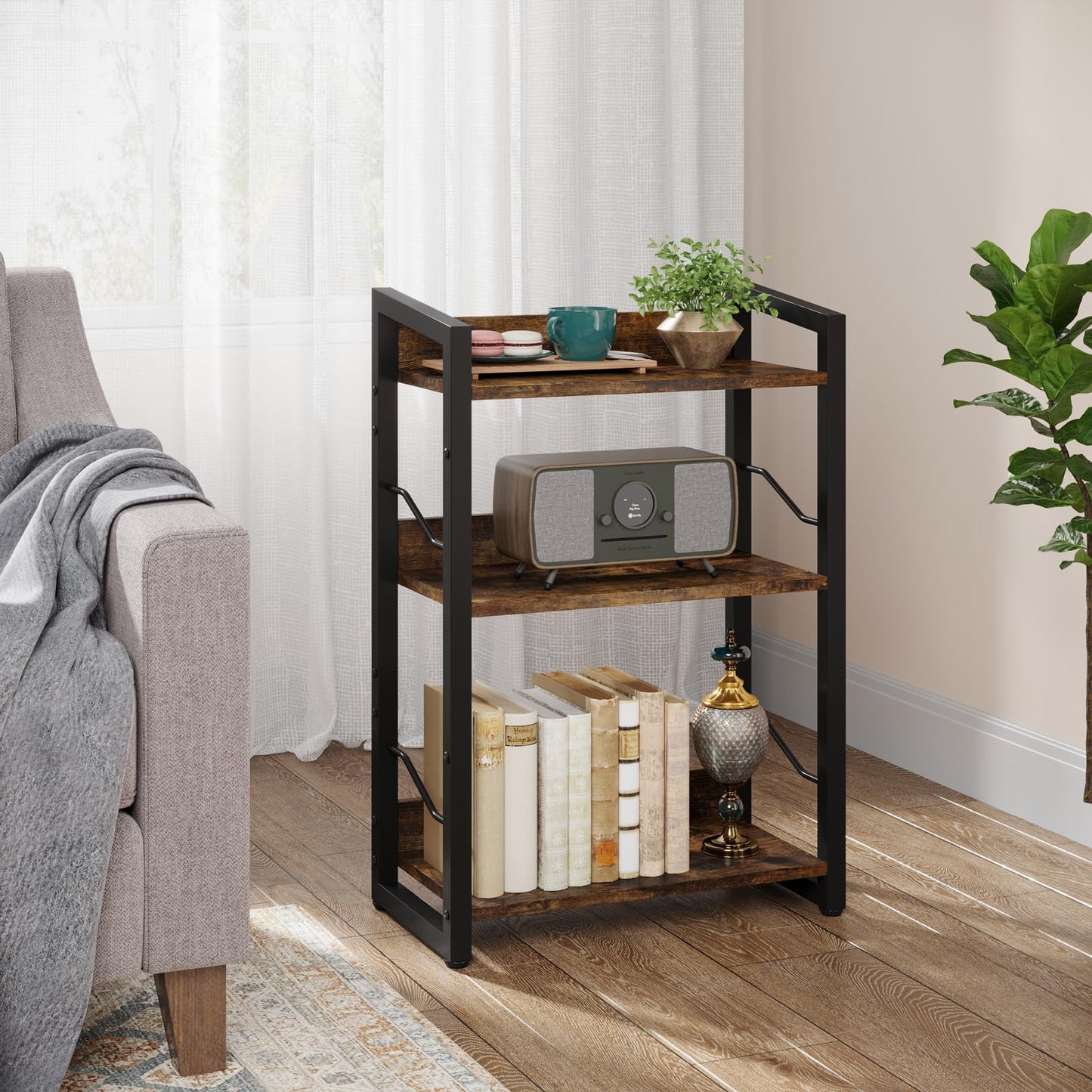 Hosfais Book Shelf Small Bookshelf: 3-Tier Wood Bookcase Industrial Bookshelf with Edge Protection Metal Narrow Bookcase Storage Organizer Display Rack for Bedroom Home Office (Rustic Brown)