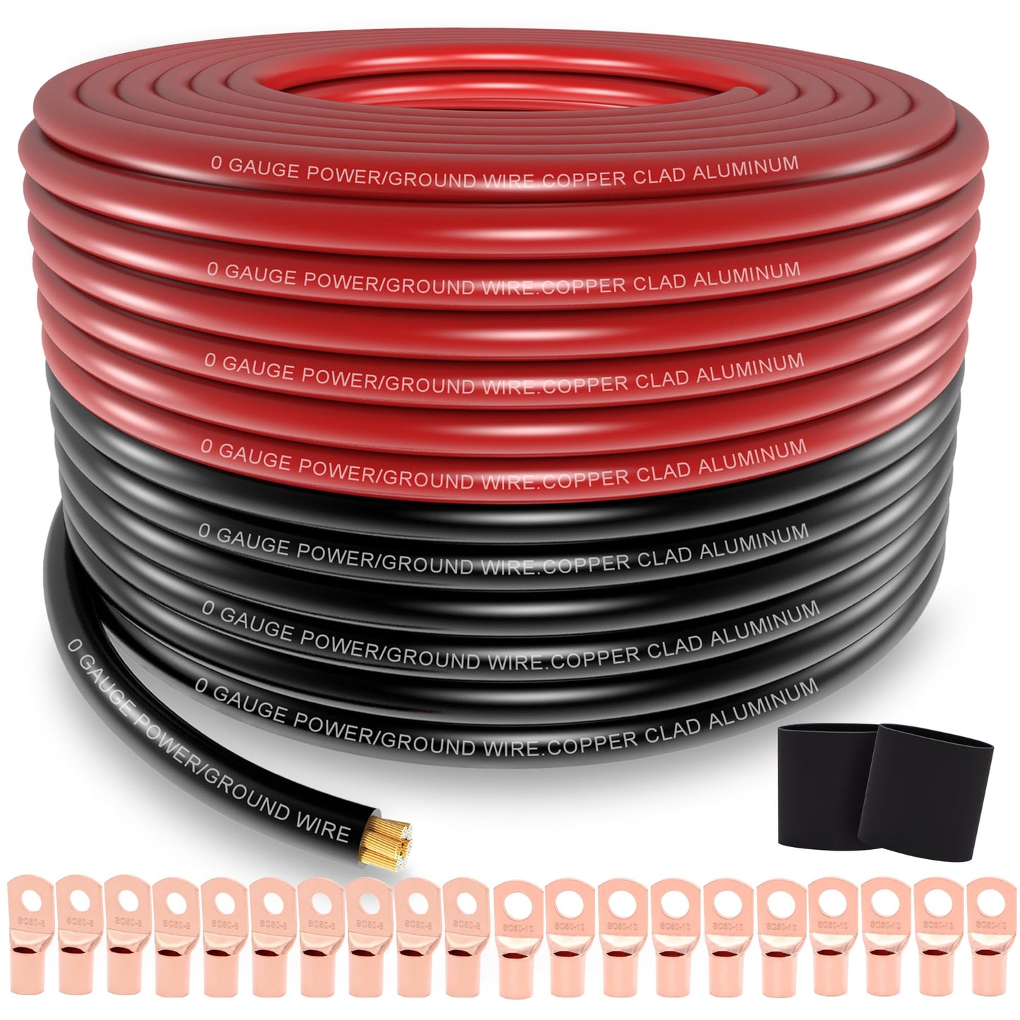 AWG 1/0 Gauge Wire (20 Feet Black+20 Feet Red) Copper Clad Aluminum CCA - Primary Automotive Wire Power/Ground, Lugs Terminal Connectors,20PCS Heat Shrink Tubing