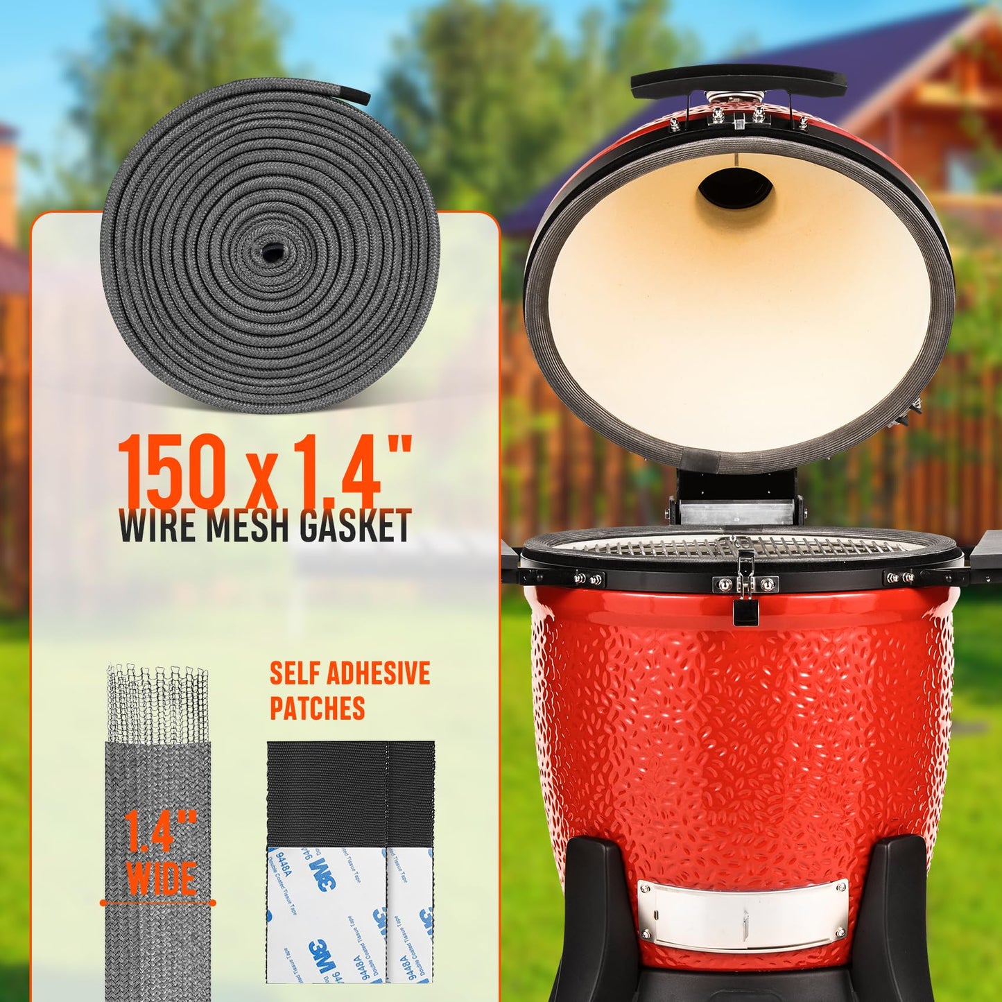 Onlyfire Wire Mesh Gasket Kit for Kamado Joe Classic, High Temp Fiberglass Gasket Replacement BBQ Smoker, Adhesive Self Stick Felt 150" Long