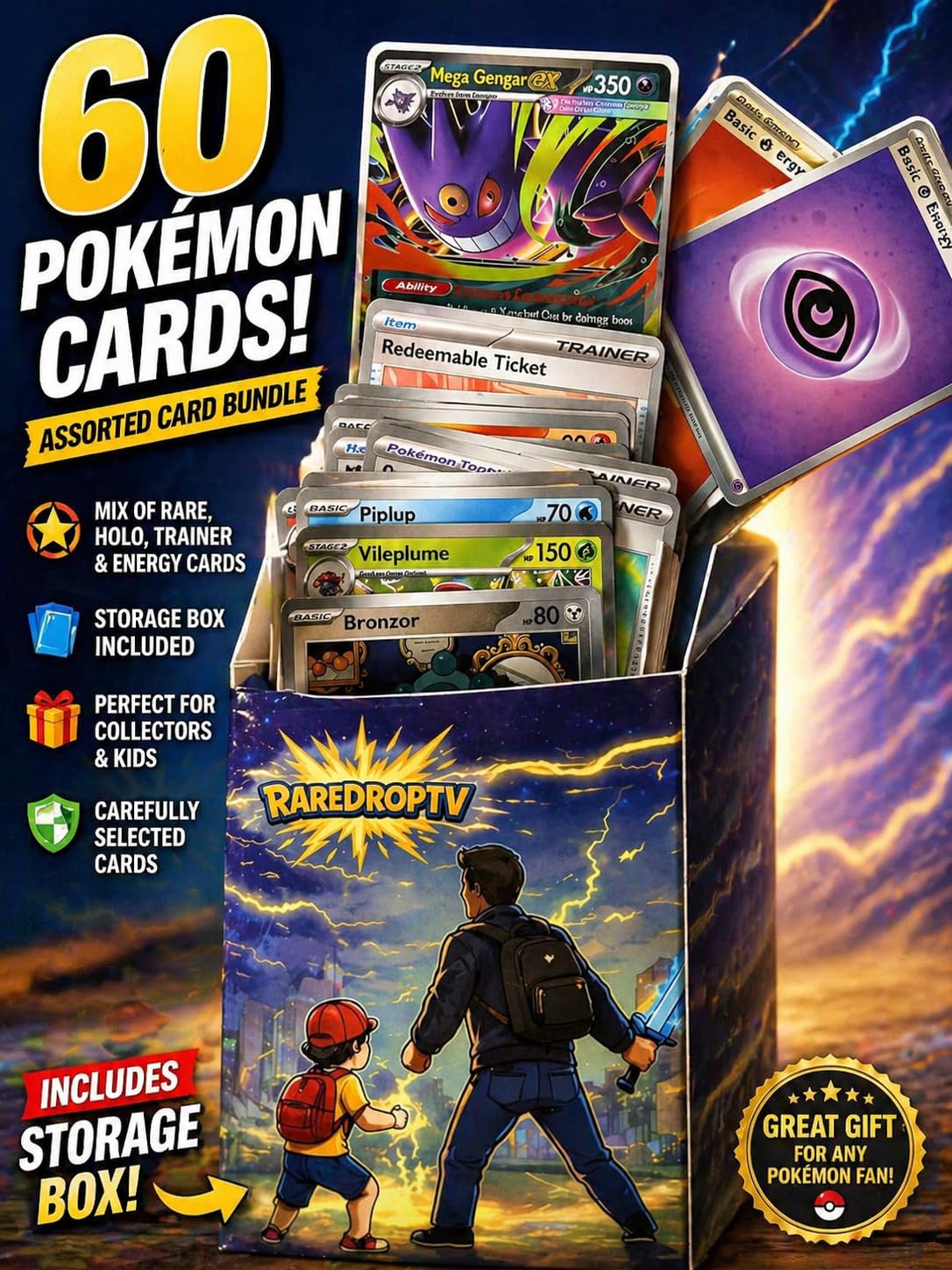 RareDropTV Pokémon Card Bundle – 60 Cards Lot | Includes Rare, Holo, Trainer & Energy Cards | Storage Box Included | Gift for Kids & Collectors