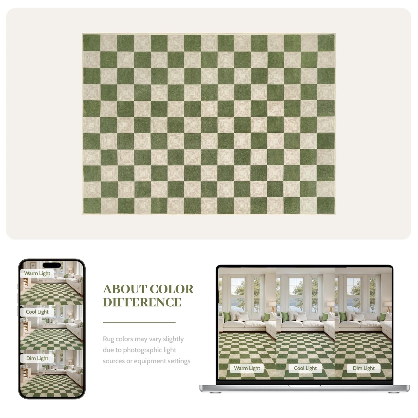 Kiginara Washable Green Checkered Rug 5x7, Non-Slip Low Pile Area Rug for Living Room, Bedroom, Nursery, Modern Neutral Farmhouse Checkerboard Carpet, Pet & Kid Friendly