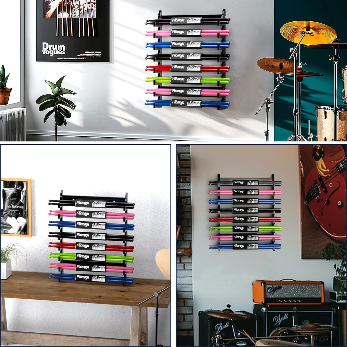 Facmogu Acrylic Drumsticks Holder, Drumsticks Display Stand for 8 Pair of Sticks, Drum Stick Holder for Drum Set, Wands & Lightsabers Collection, Wall Mounted Drumstick Rack Accessories (Bright Black)