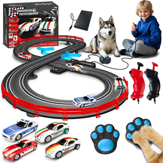 AGM MASETCH Slot Car Race Track Sets with 4 Exquisite Slot Cars, Battery or Electric Car Track, 2 Controllers, Lap Counter, Gift Toys Suitable for Boys and Girls Aged 8-12.