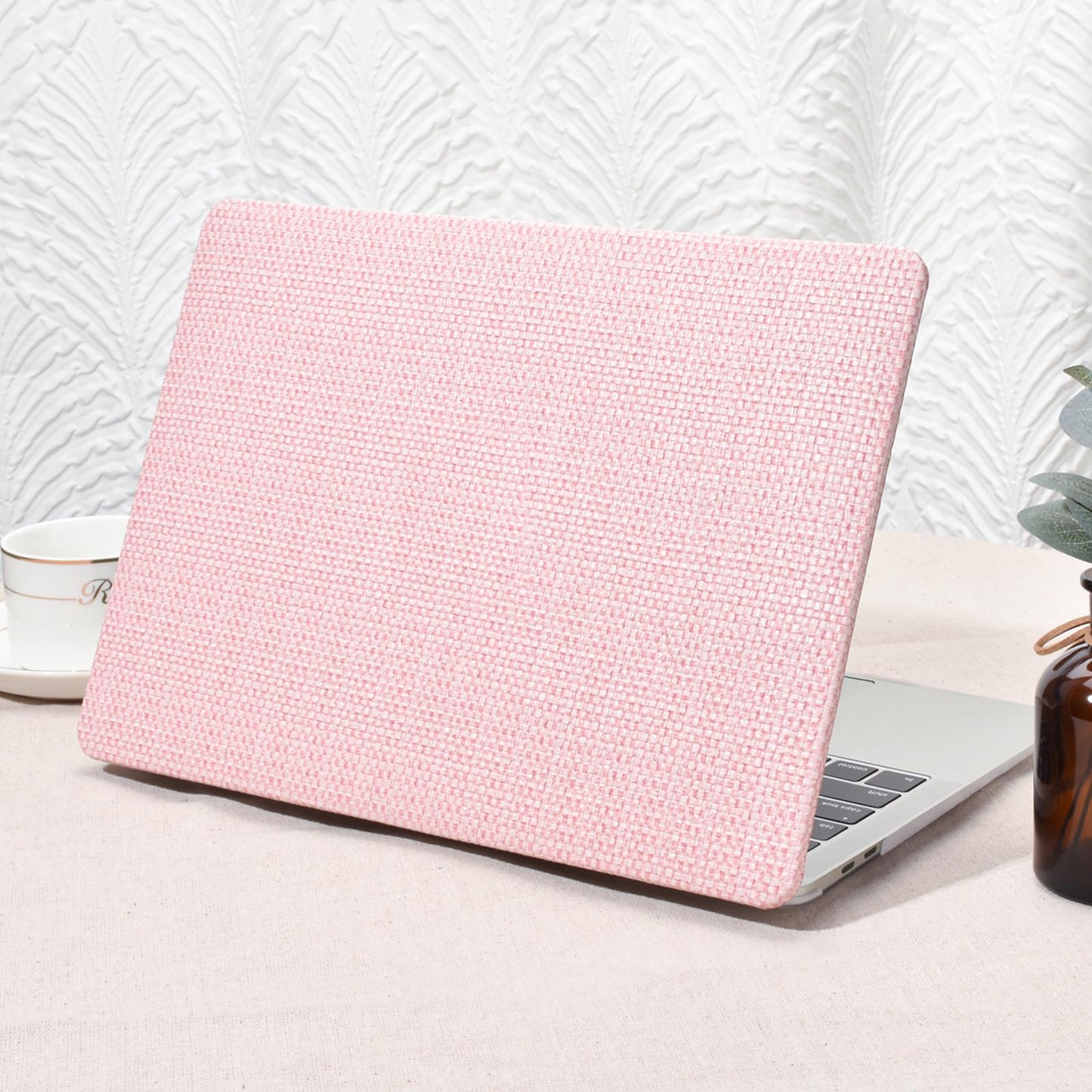 Seorsok Compatible with MacBook Air 13 Inch Case2022 2021 2020 2019 2018 Release A1932 A2179 M1 A2337 Touch ID,Elegant Leather Plastic Hard Shell Case Transparent Keyboard Cover,Pink Woven Fabric