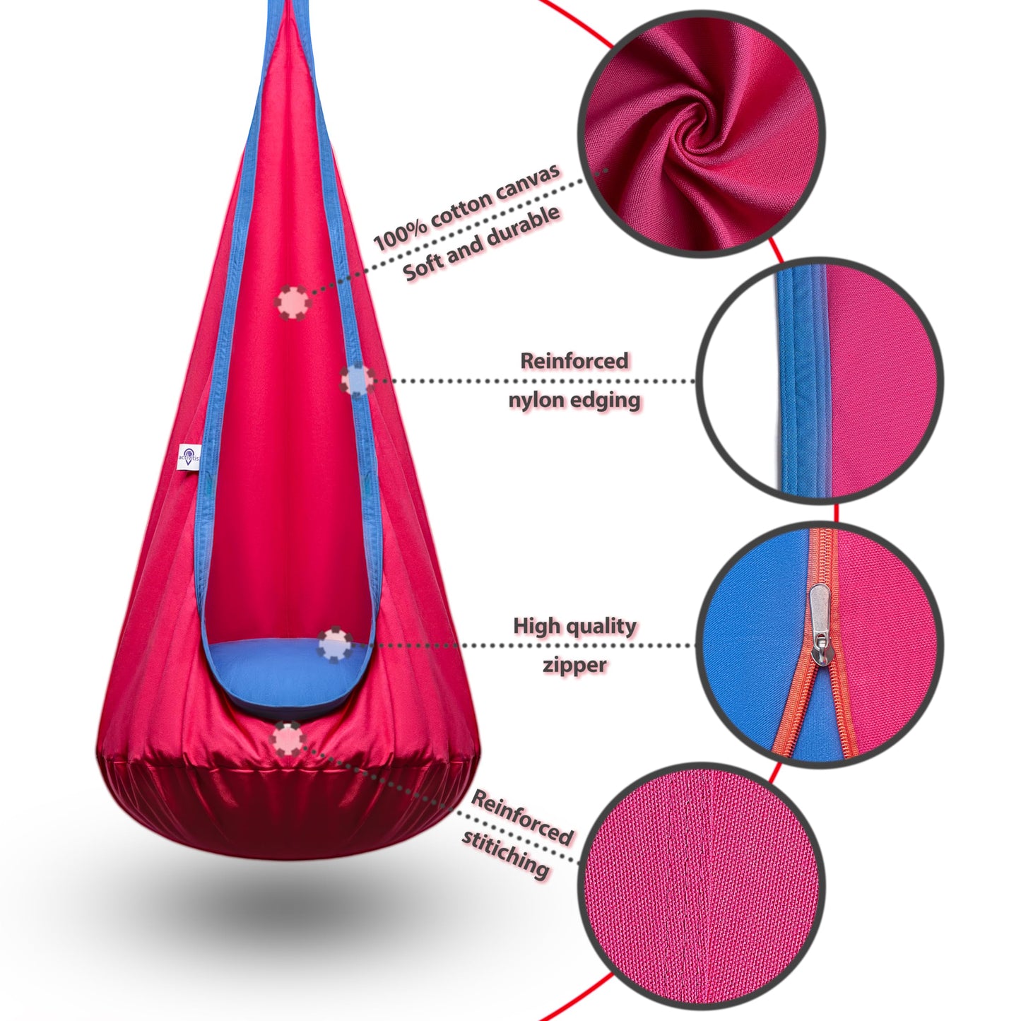 ACTIVITIS Kids Pod Swing Seat, Child Hanging Hammock Chair with Inflatable Seat Cushion, Sensory Room Swing Seat for Indoor and Outdoor Use with Inflatable Pillow, 100% Cotton, Durable Portable