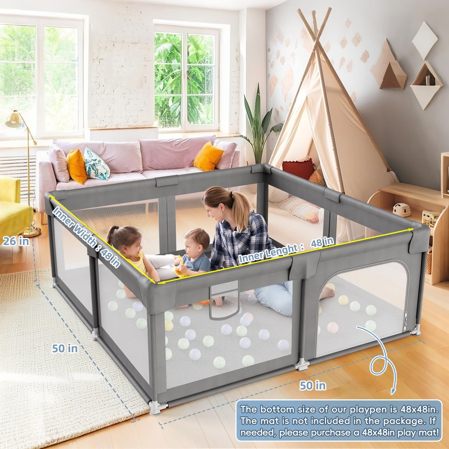 Palopalo Baby Playpen, 50''x50'' Small Playard for Babies and Toddlers, Baby Activity Center with 8 Suction Cup Bases, Infants Play Pen with Gate and Soft Breathable Mesh, Ideal for First-time Mom