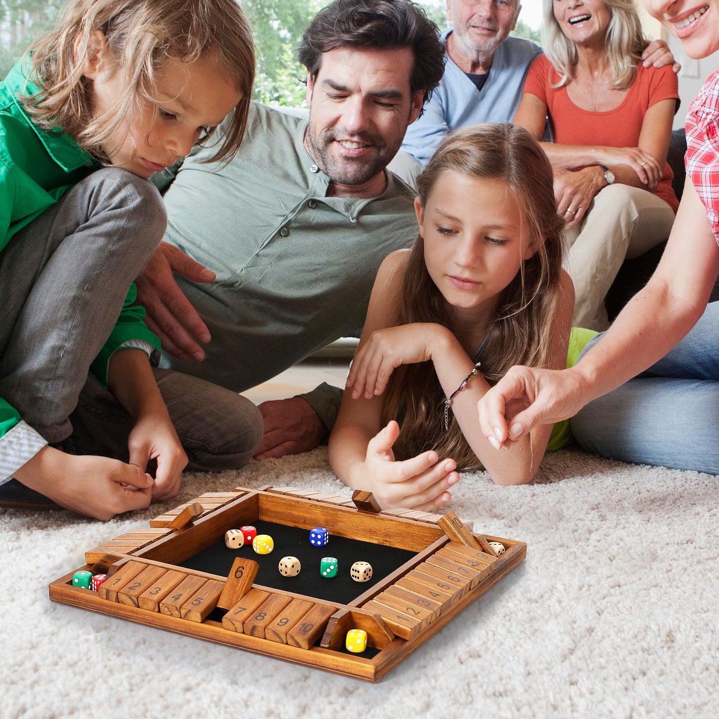 VAMSLOVE 12 inches Shut The Box Dice Game Wooden Board for 2-4 Player, 4 Sided 10 Numbers Math Games with 8+4 Dices Close The Box for Kids Adults(Instructions Included)